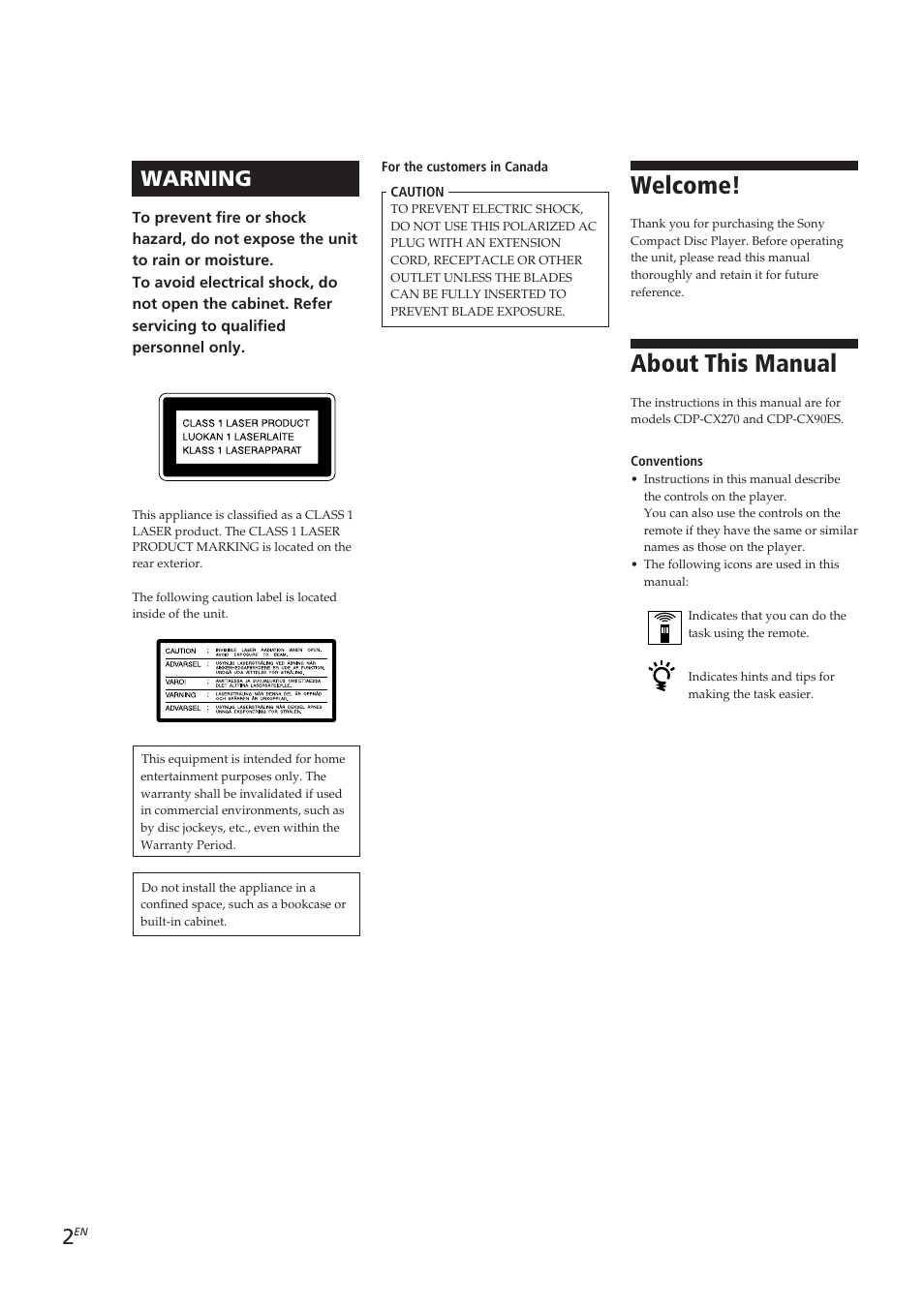 Welcome, About this manual, Warning | Sony CDP-CX270 User Manual | Page 2 / 125