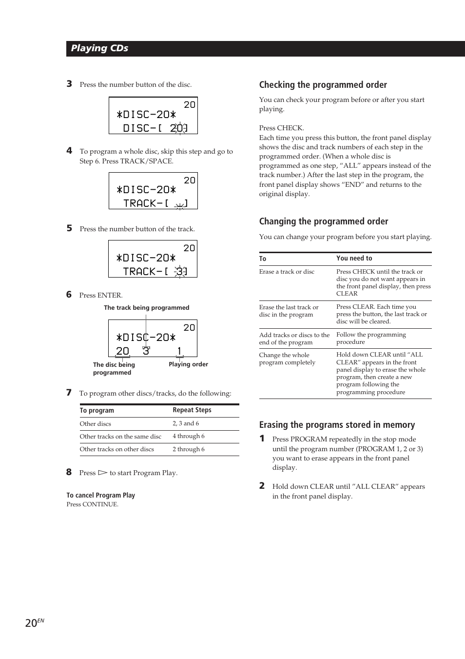 Disc-2o, Disc-[ 2o, Track | Track-[ 3, 2o 3 1, Playing cds, Checking the programmed order, Changing the programmed order | Sony CDP-CX270 User Manual | Page 20 / 125