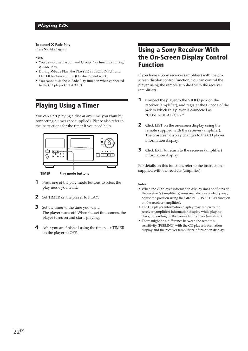 Playing using a timer, Playing cds | Sony CDP-CX270 User Manual | Page 22 / 125