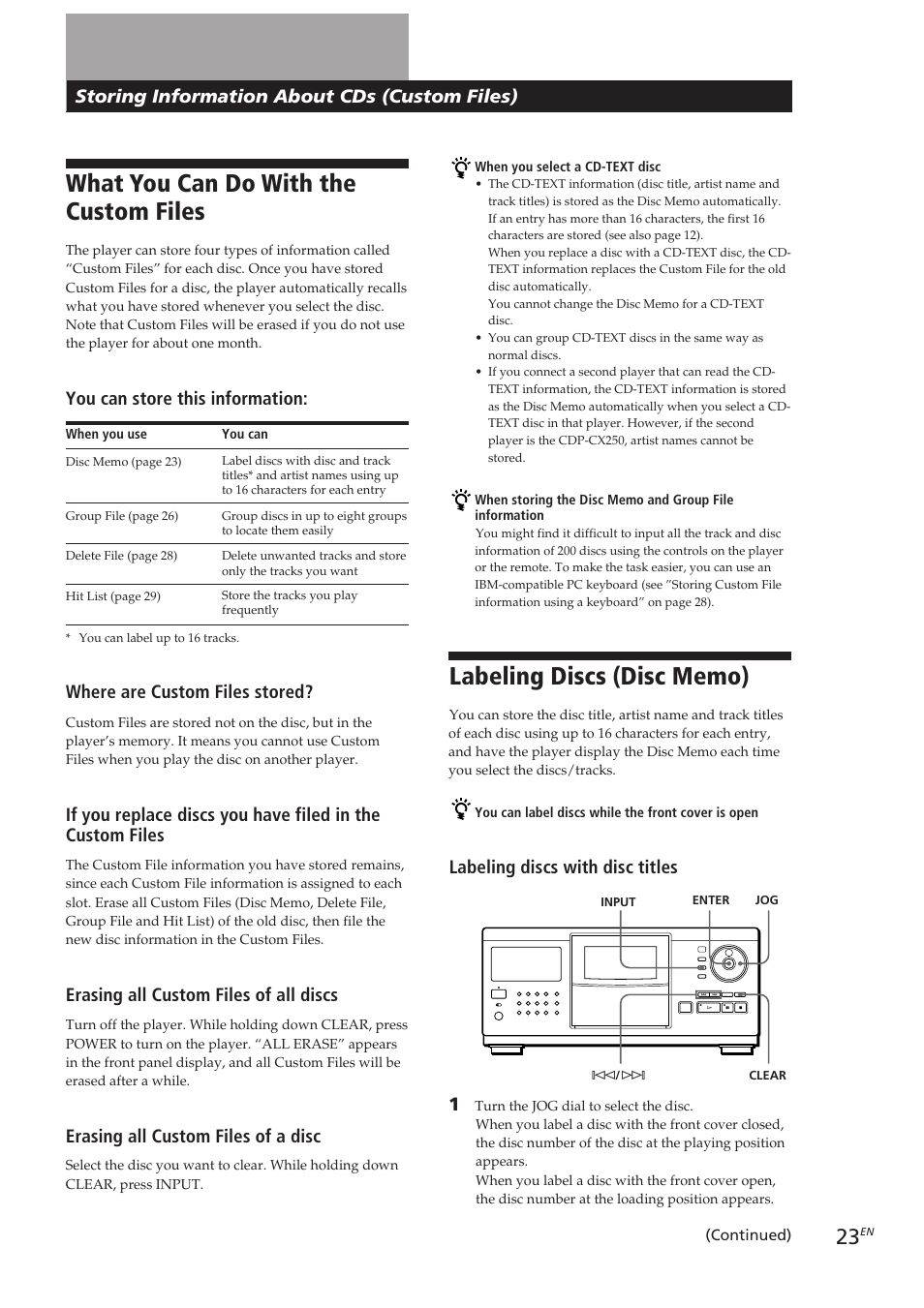 What you can do with the custom files, Locating a scene or track you want, You can store this information | Where are custom files stored, Erasing all custom files of all discs, Erasing all custom files of a disc, Storing information about cds (custom files), Labeling discs with disc titles | Sony CDP-CX270 User Manual | Page 23 / 125