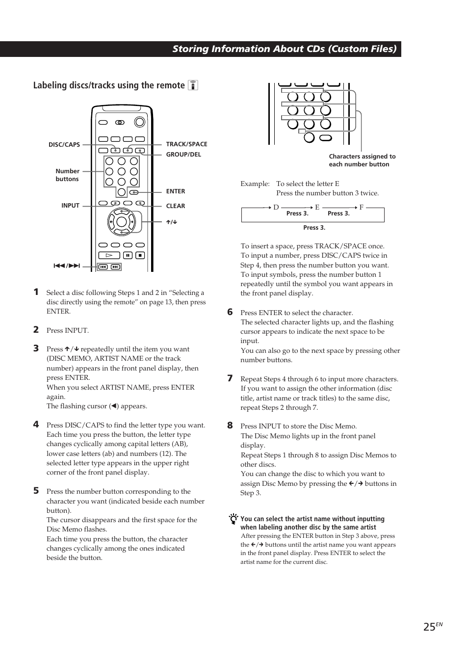 Locating a scene or track you want, Labeling discs/tracks using the remote z 1 | Sony CDP-CX270 User Manual | Page 25 / 125