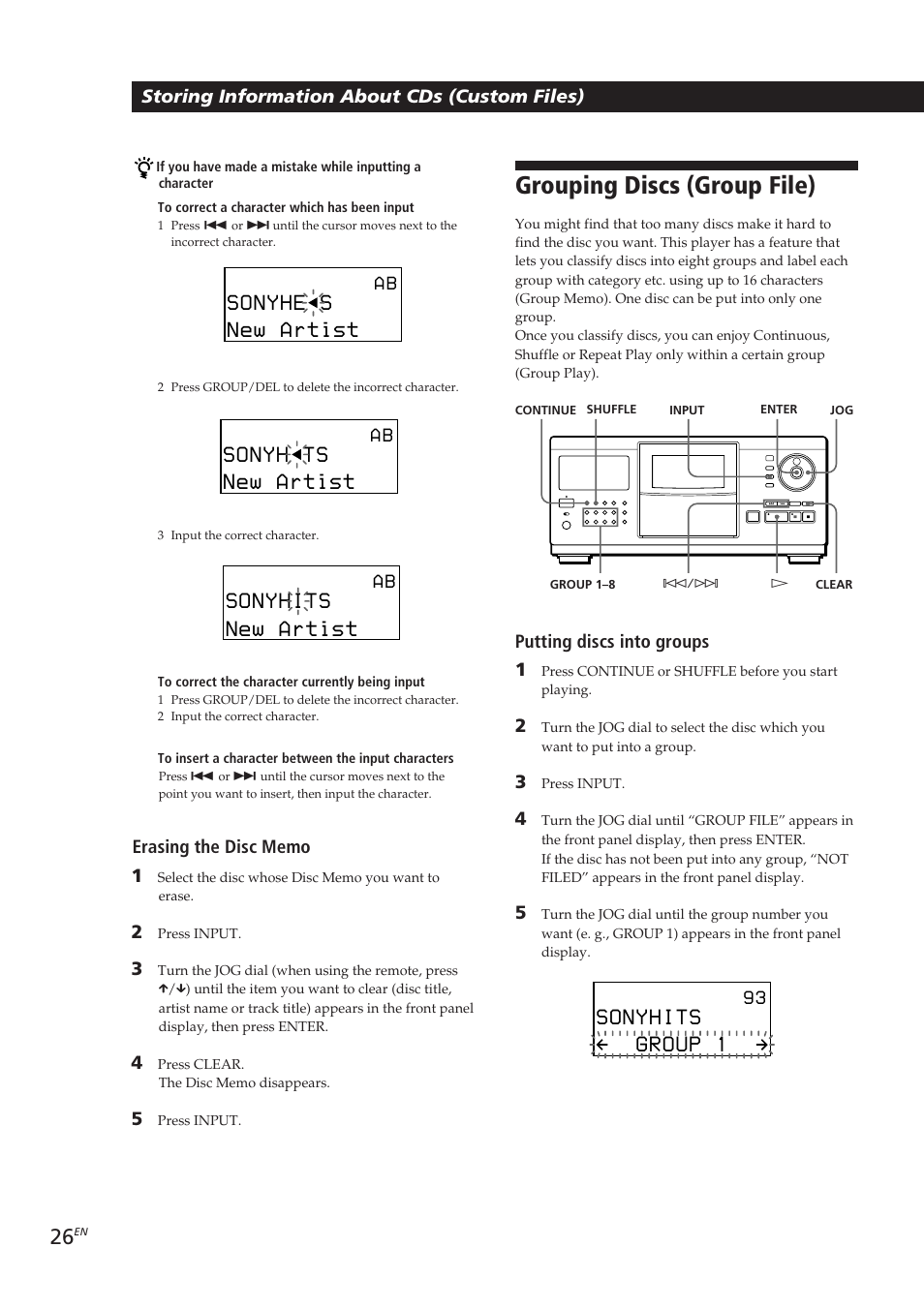 Grouping discs (group file), Storing information about cds (custom files), Putting discs into groups 1 | Sony CDP-CX270 User Manual | Page 26 / 125
