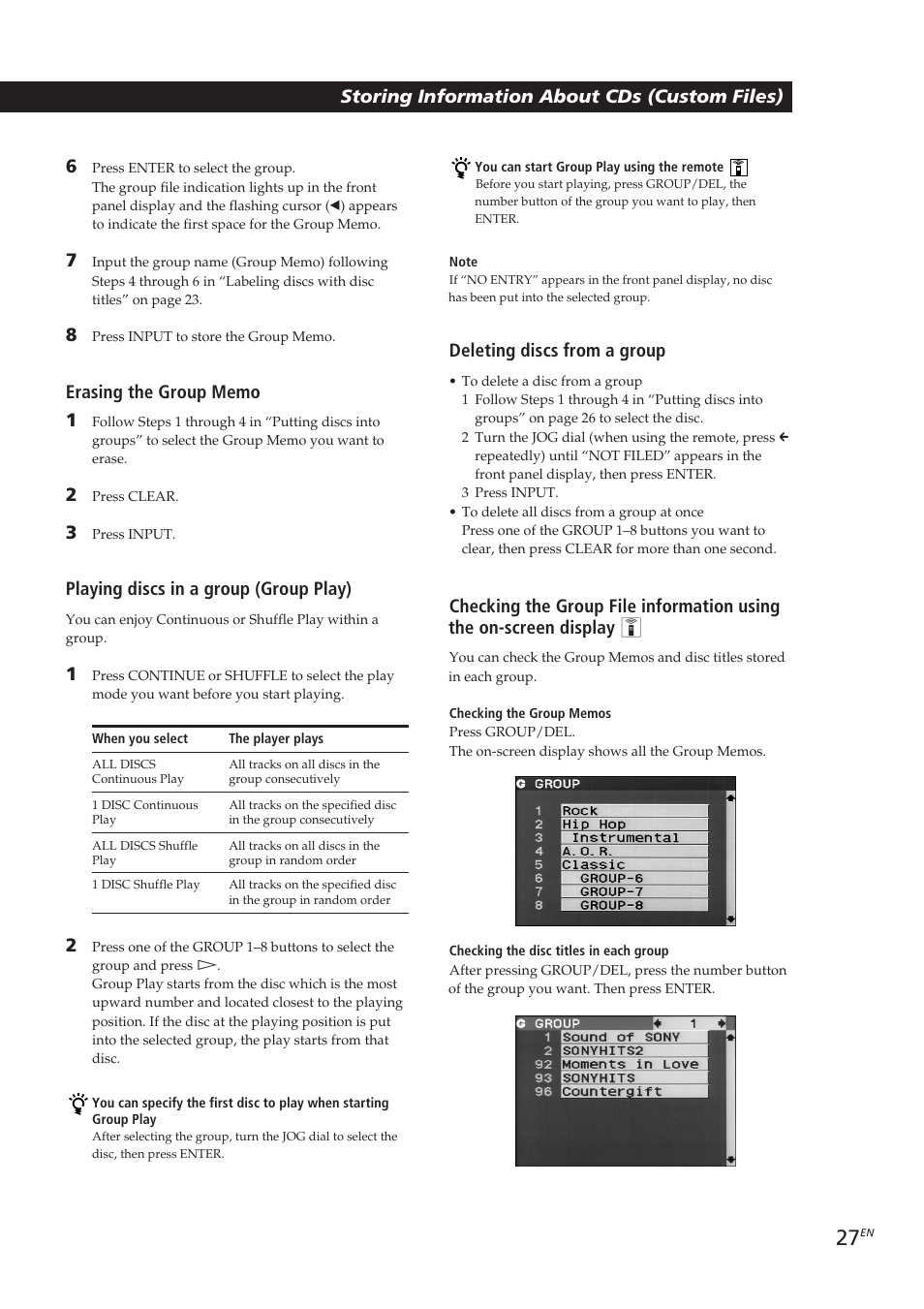 Locating a scene or track you want, Playing discs in a group (group play), Deleting discs from a group | Sony CDP-CX270 User Manual | Page 27 / 125