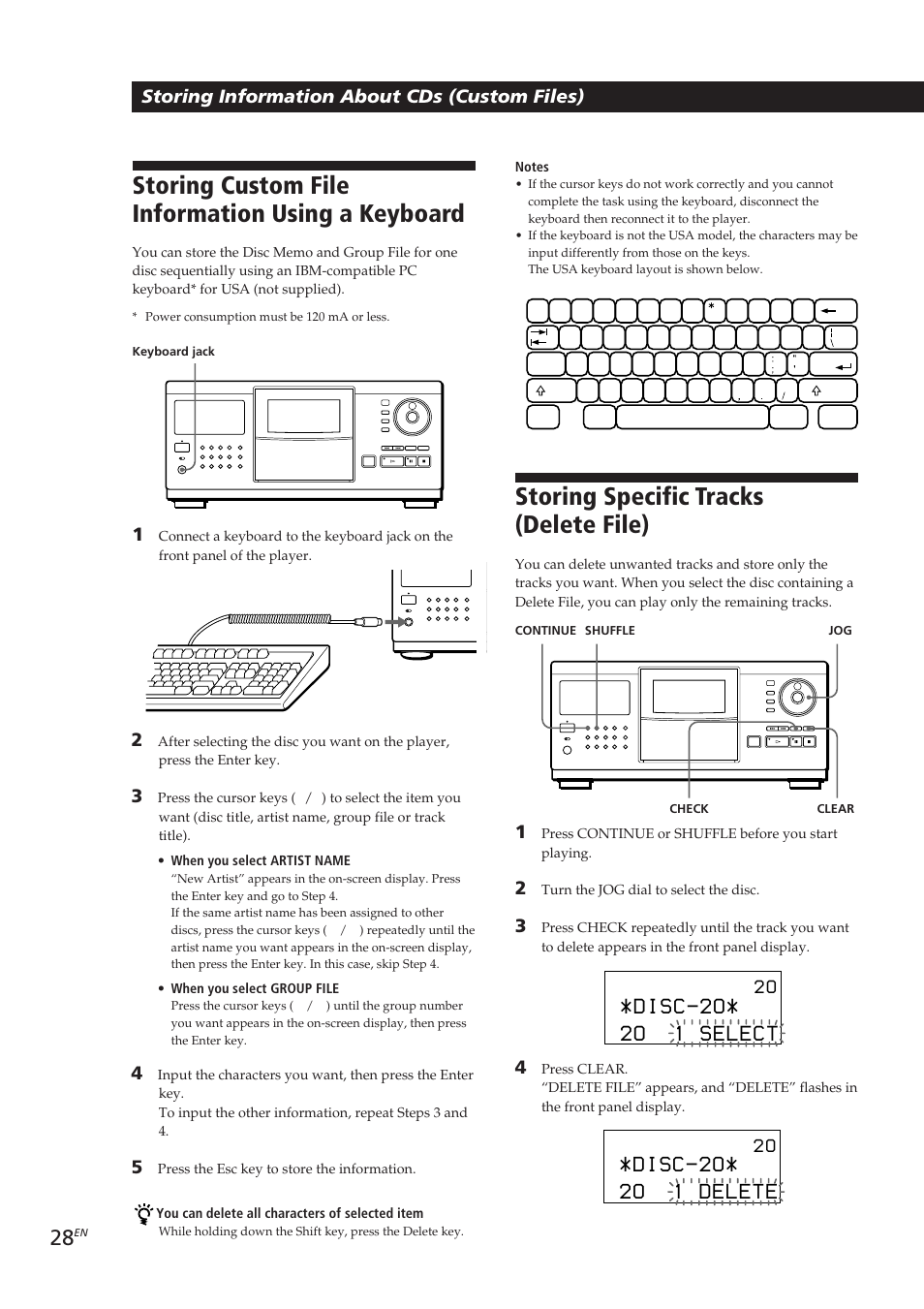 Storing custom file information using a keyboard, Storing specific tracks (delete file), Storing information about cds (custom files) | Sony CDP-CX270 User Manual | Page 28 / 125