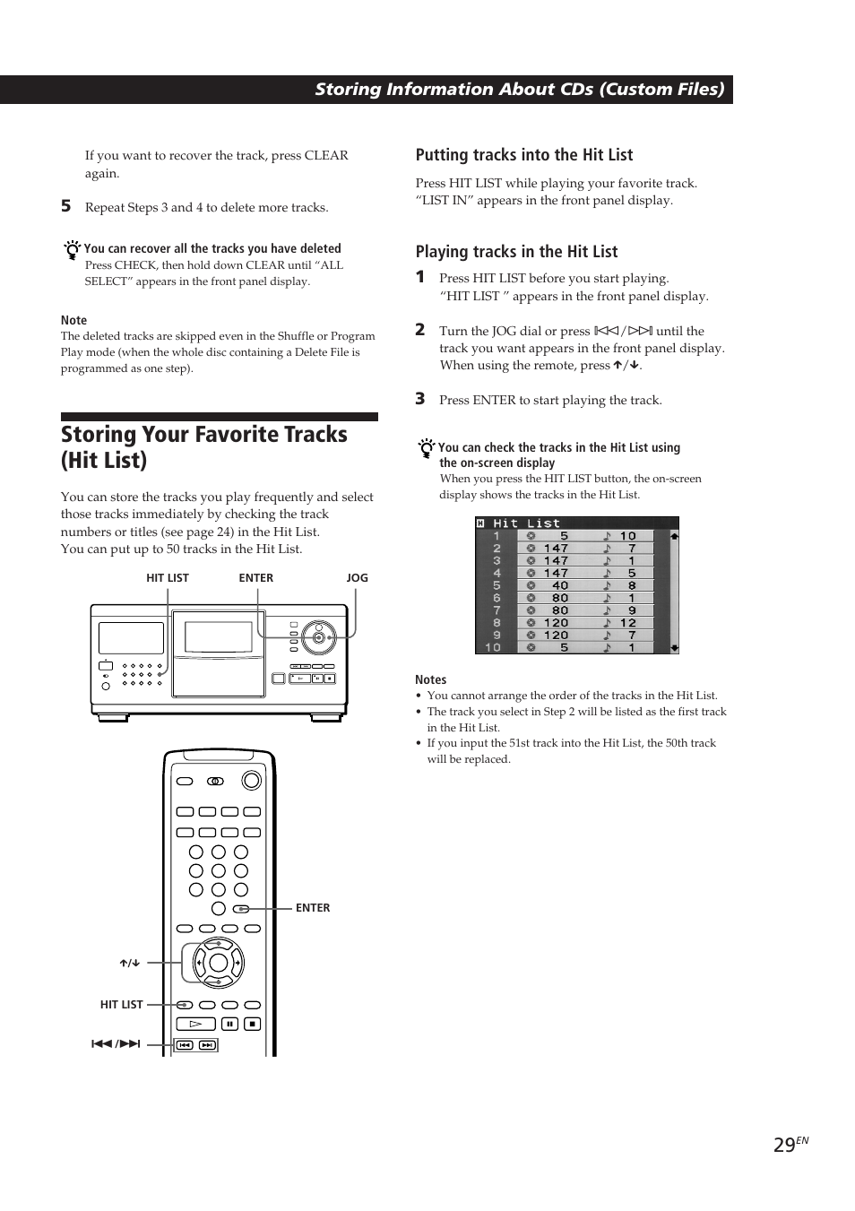 Storing your favorite tracks (hit list), Locating a scene or track you want, Putting tracks into the hit list | Playing tracks in the hit list 1 | Sony CDP-CX270 User Manual | Page 29 / 125