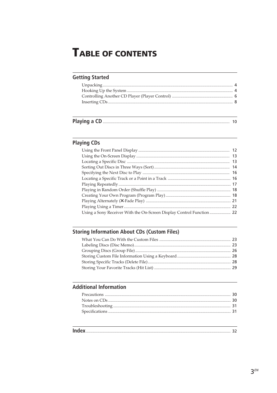 Able of contents | Sony CDP-CX270 User Manual | Page 3 / 125
