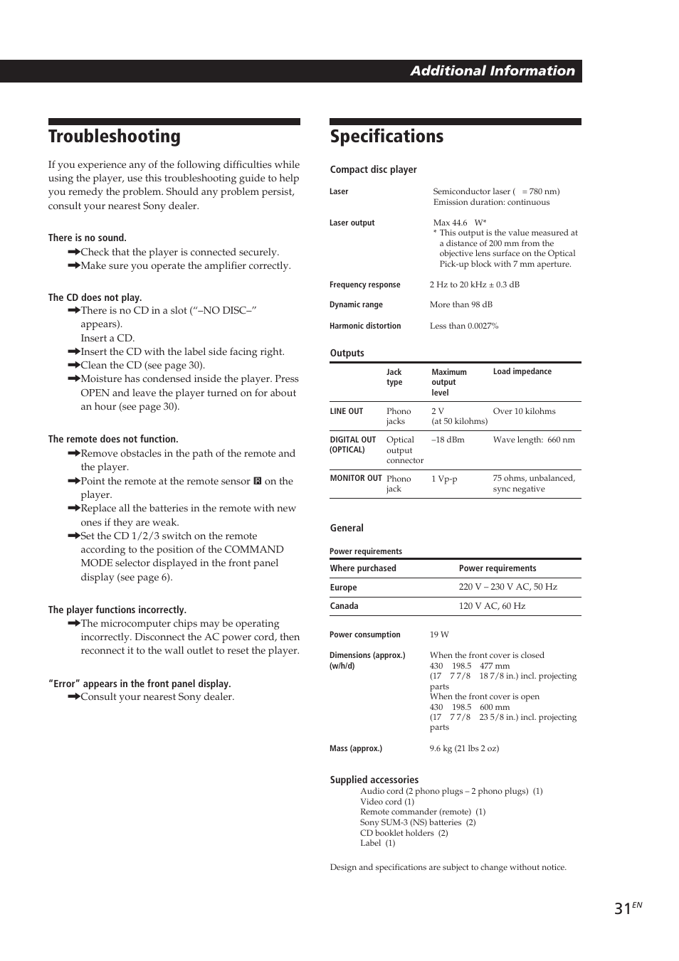 Specifications, Troubleshooting | Sony CDP-CX270 User Manual | Page 31 / 125