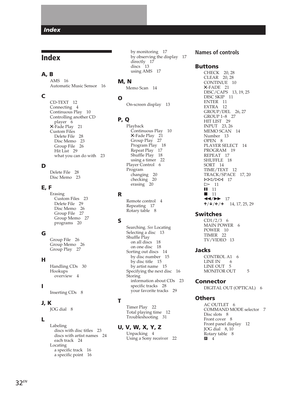 Index, A, b, E, f | J, k, M, n, P, q, U, v, w, x, y, z, Names of controls buttons, Switches, Jacks | Sony CDP-CX270 User Manual | Page 32 / 125