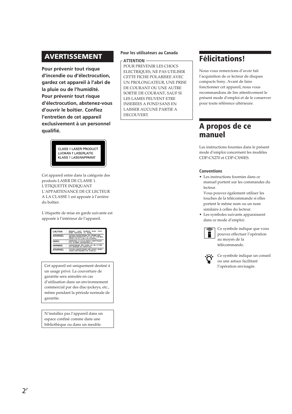 Félicitations, A propos de ce manuel, Avertissement | Sony CDP-CX270 User Manual | Page 33 / 125