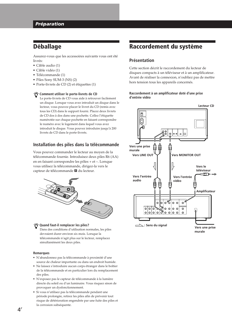 Raccordement du système, Déballage, Préparation | Présentation, Installation des piles dans la télécommande | Sony CDP-CX270 User Manual | Page 35 / 125