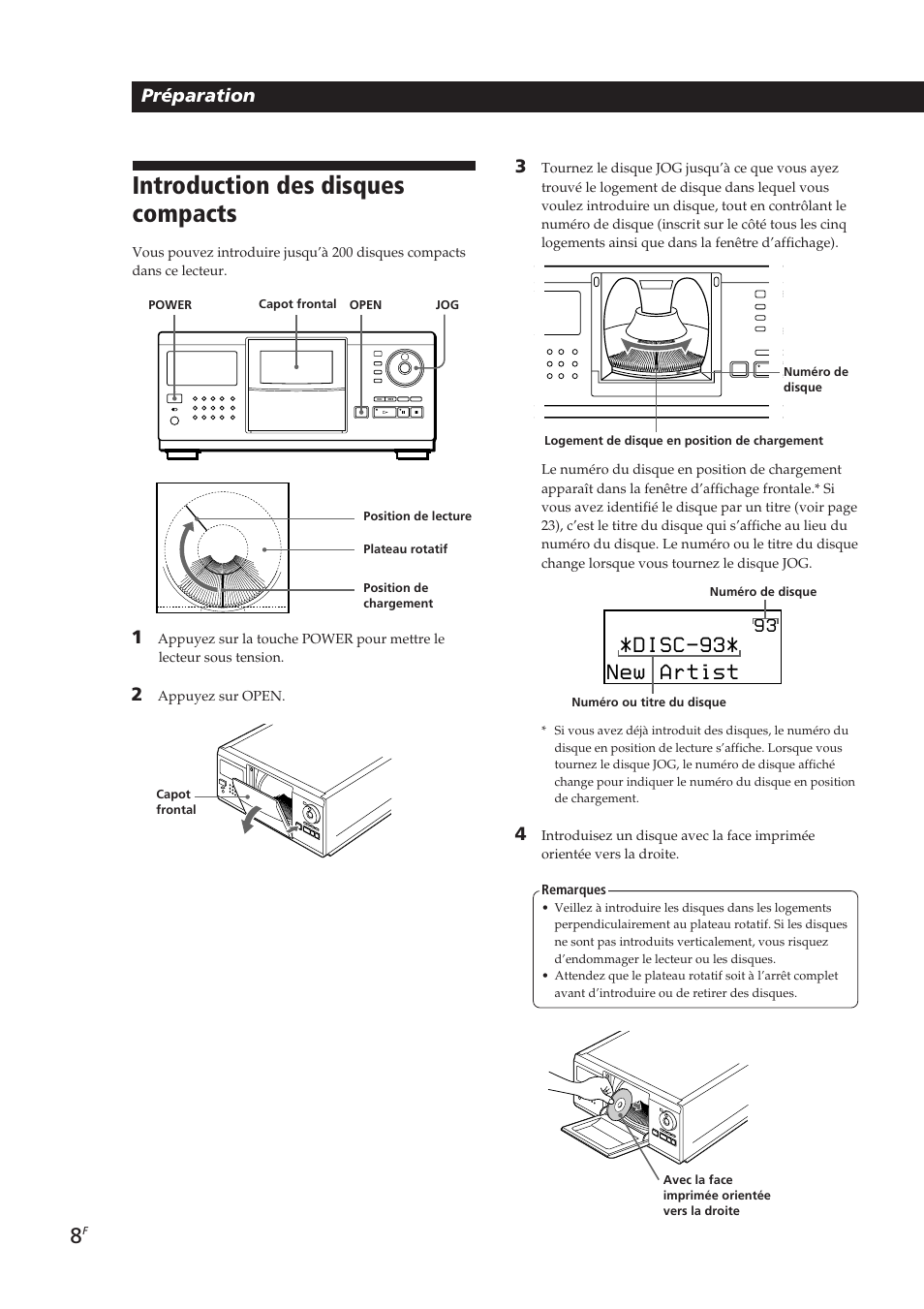 Introduction des disques compacts, Disc-93, New artist | Préparation | Sony CDP-CX270 User Manual | Page 39 / 125