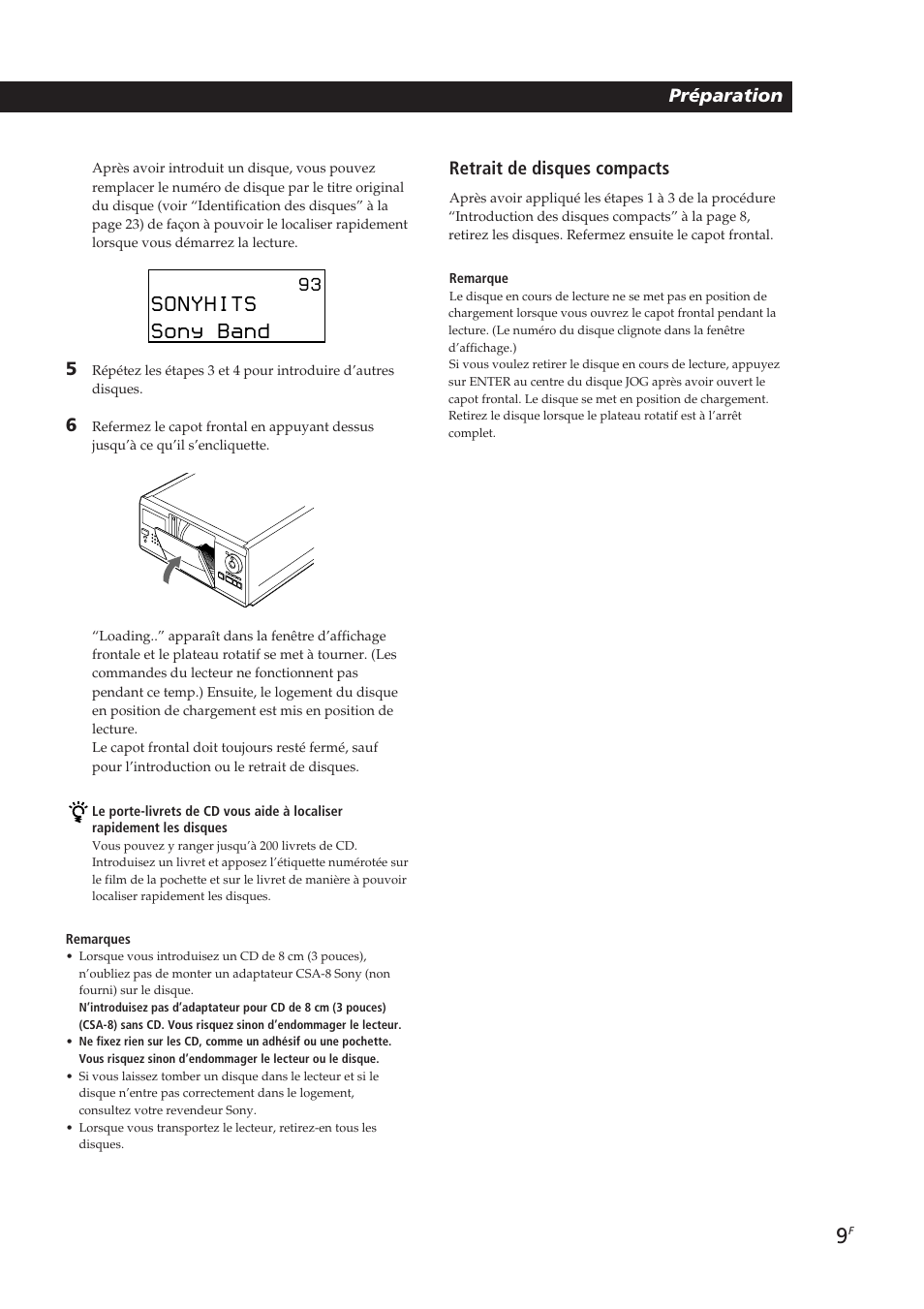 Sonyhits, Sony band, Playing cds getting started préparation | Retrait de disques compacts | Sony CDP-CX270 User Manual | Page 40 / 125