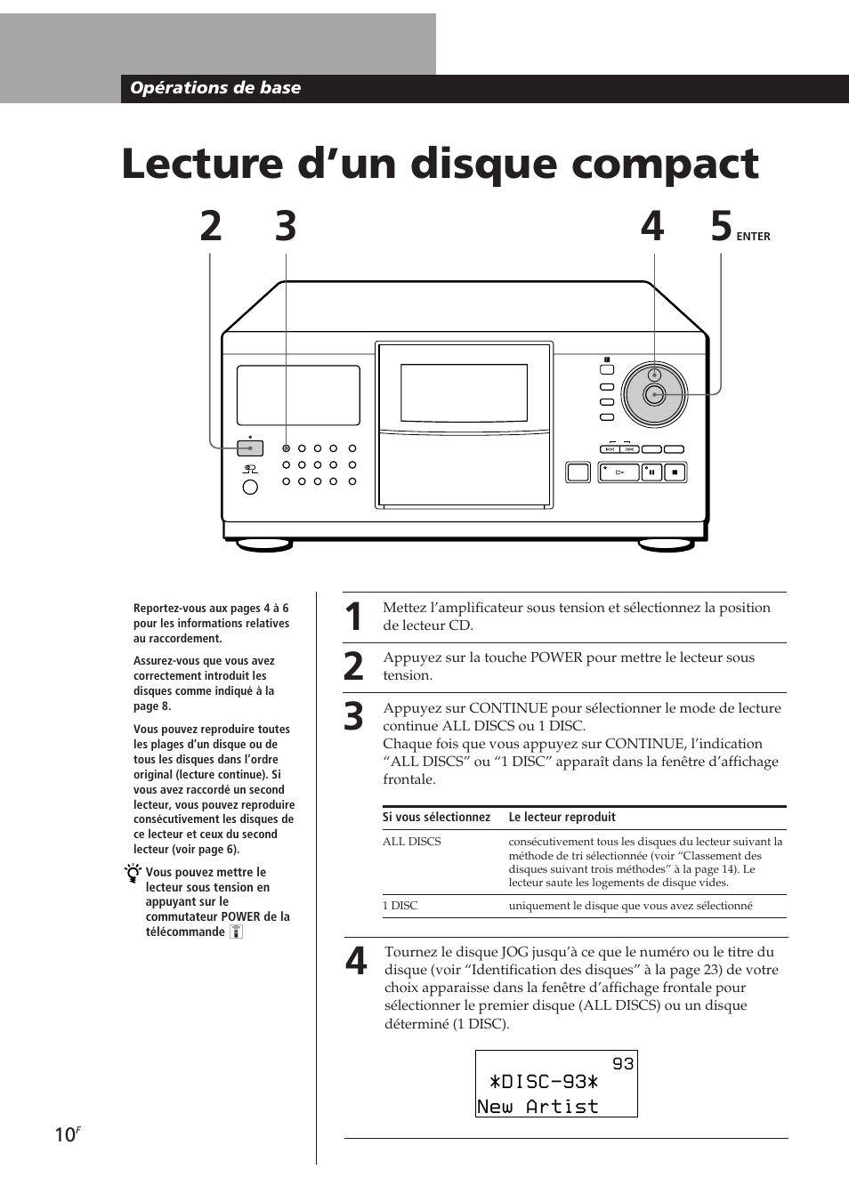 Lecture d’un disque compact 2 3, Disc-93, New artist | Opérations de base | Sony CDP-CX270 User Manual | Page 41 / 125