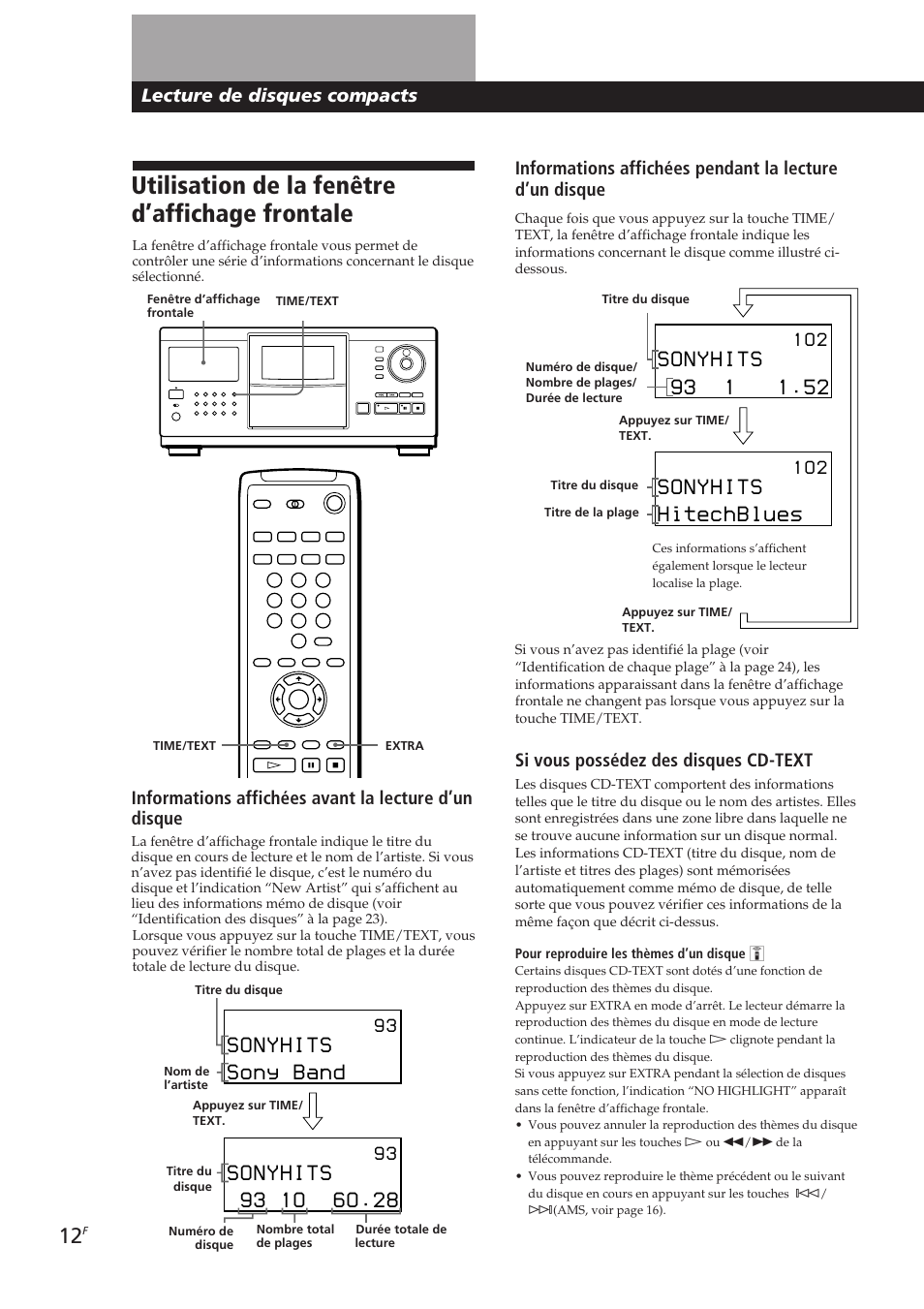 Utilisation de la fenêtre d’affichage frontale, Sonyhits, Sony band | Hitechblues, Lecture de disques compacts, Si vous possédez des disques cd-text, 1 o 2 | Sony CDP-CX270 User Manual | Page 43 / 125