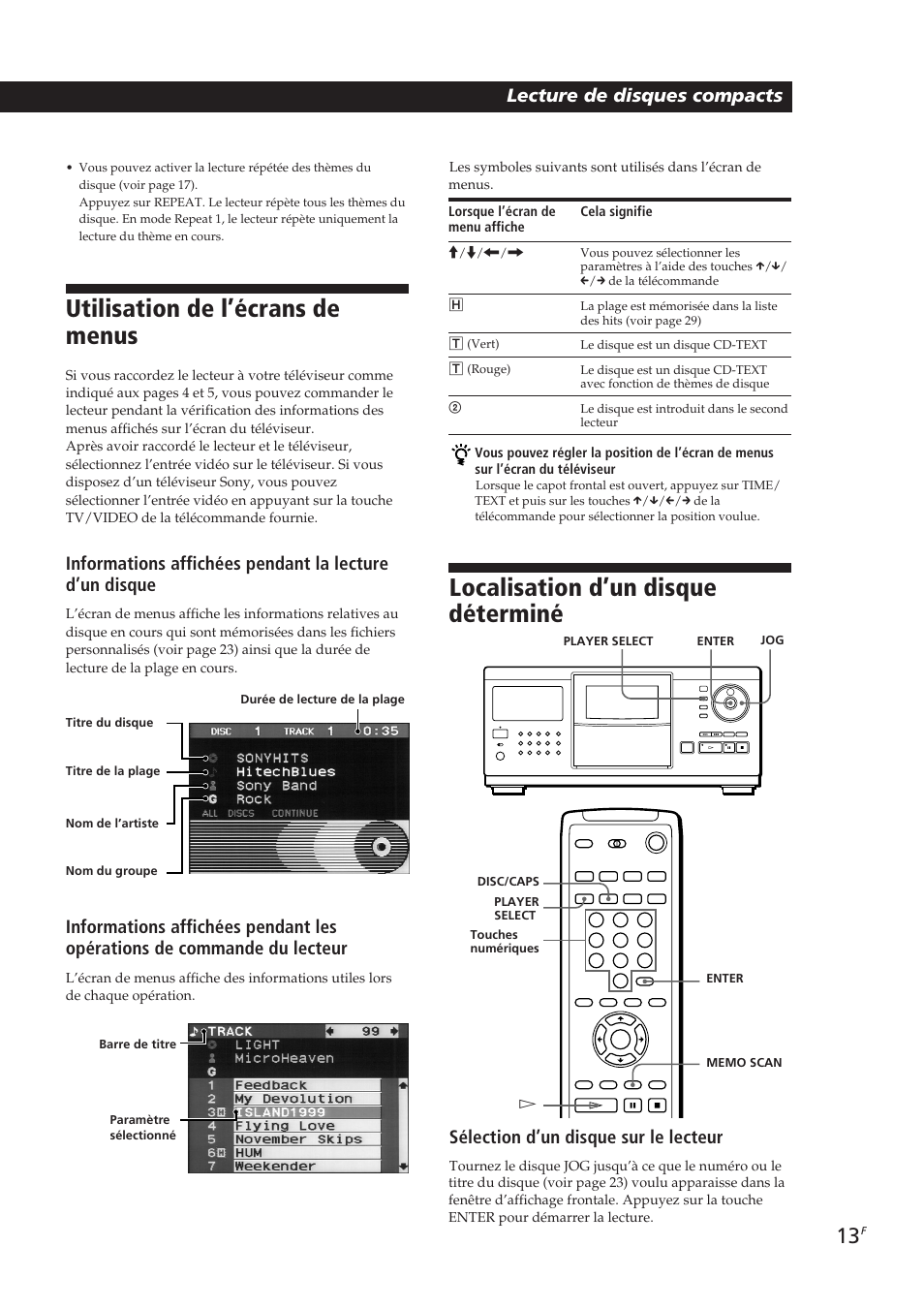 Utilisation de l’écrans de menus, Localisation d’un disque déterminé, Sélection d’un disque sur le lecteur | Sony CDP-CX270 User Manual | Page 44 / 125