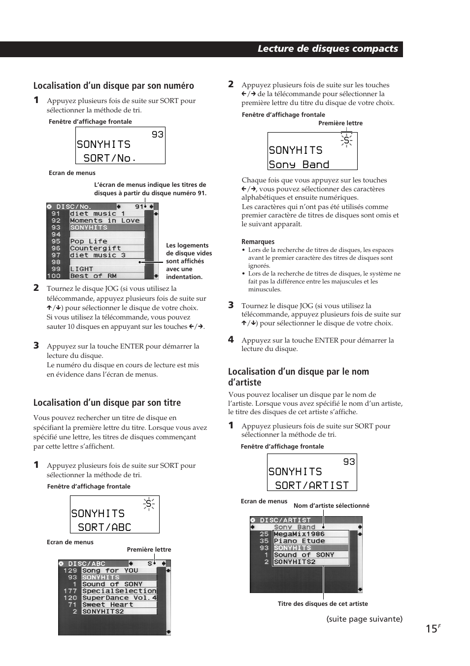 Sonyhits, Sony band, Sort/abc | Sort/artist, Sort/no, Localisation d’un disque par son numéro 1, Localisation d’un disque par le nom d’artiste, Localisation d’un disque par son titre | Sony CDP-CX270 User Manual | Page 46 / 125