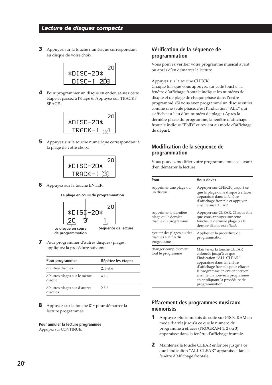 Disc-2o, Disc-[ 2o, Track | Track-[ 3, 2o 3 1, Lecture de disques compacts, Vérification de la séquence de programmation, Modification de la séquence de programmation, Effacement des programmes musicaux mémorisés 1 | Sony CDP-CX270 User Manual | Page 51 / 125