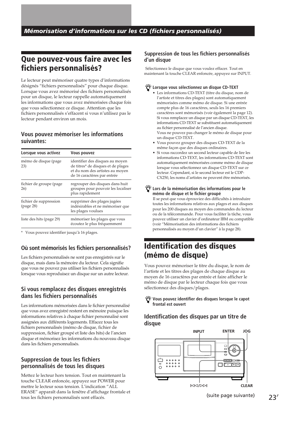 Identification des disques (mémo de disque), Locating a scene or track you want, Vous pouvez mémoriser les informations suivantes | Où sont mémorisés les fichiers personnalisés, Identification des disques par un titre de disque | Sony CDP-CX270 User Manual | Page 54 / 125