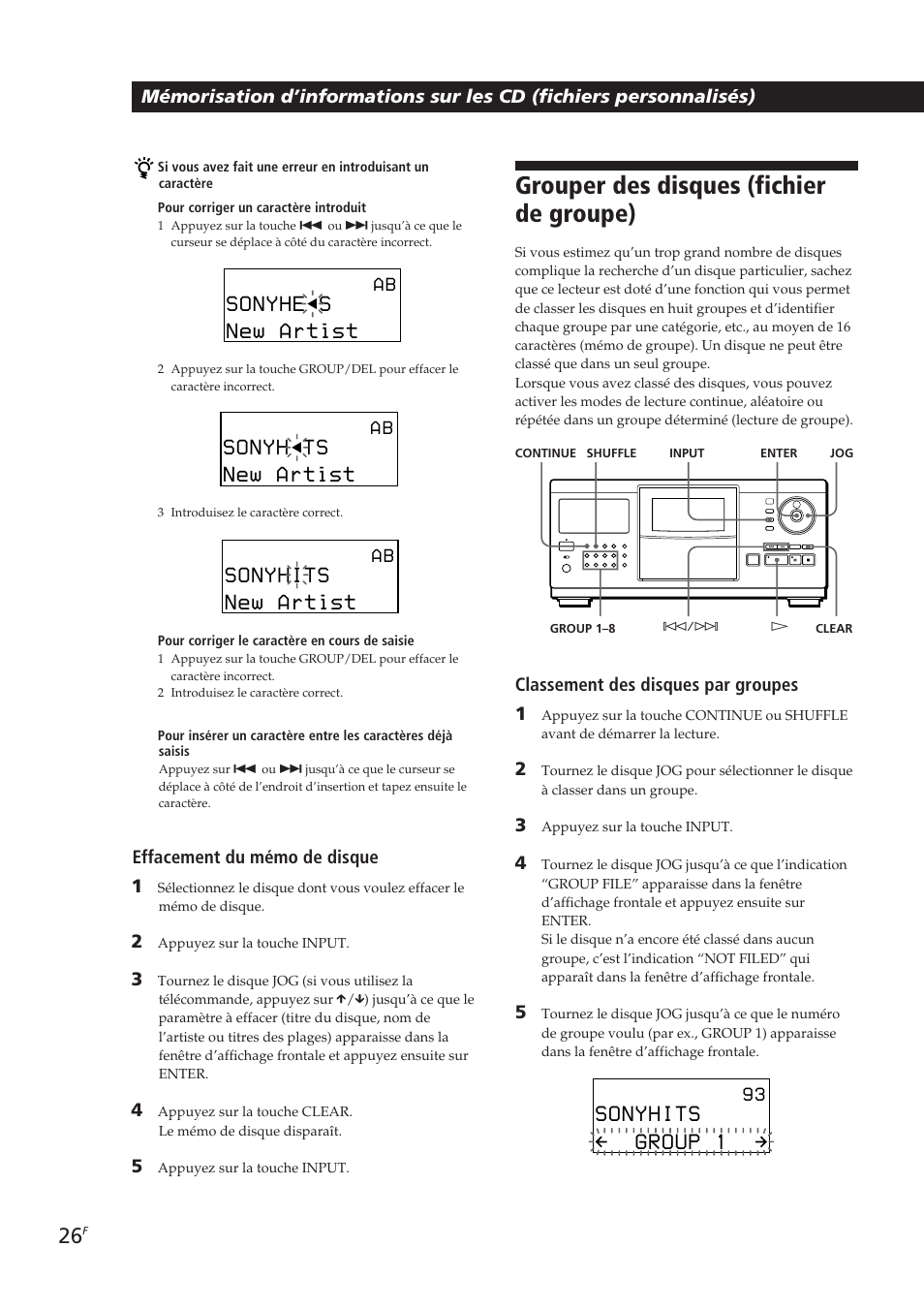 Grouper des disques (fichier de groupe), Effacement du mémo de disque 1, Classement des disques par groupes 1 | Sony CDP-CX270 User Manual | Page 57 / 125