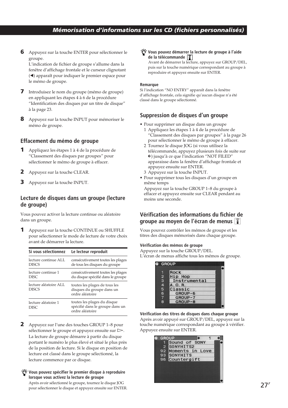 Locating a scene or track you want, Effacement du mémo de groupe 1, Suppression de disques d’un groupe | Sony CDP-CX270 User Manual | Page 58 / 125