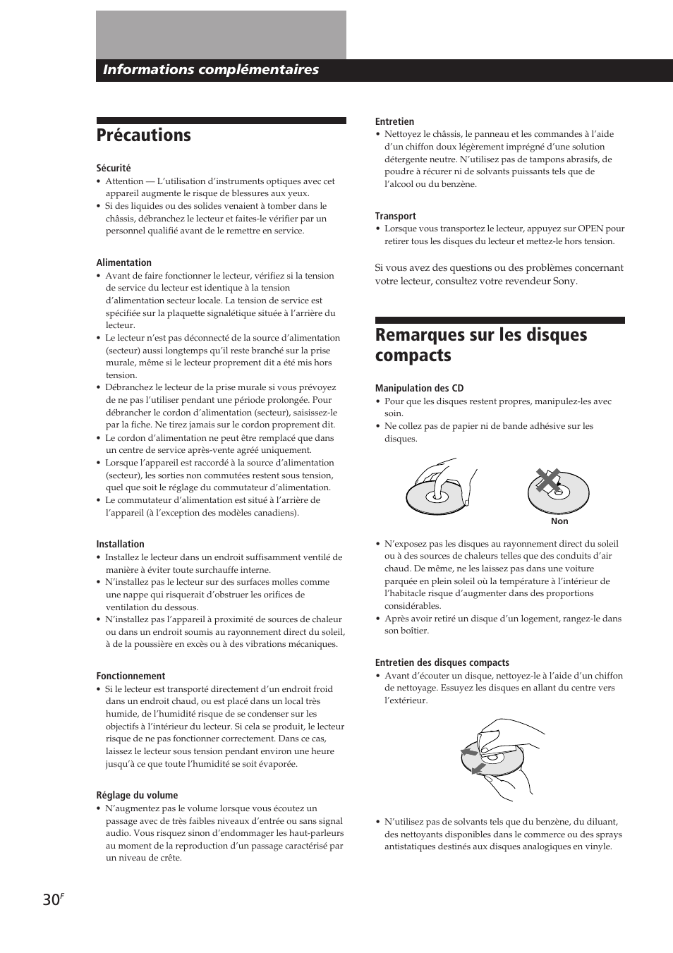 Remarques sur les disques compacts, Précautions, Informations complémentaires | Sony CDP-CX270 User Manual | Page 61 / 125