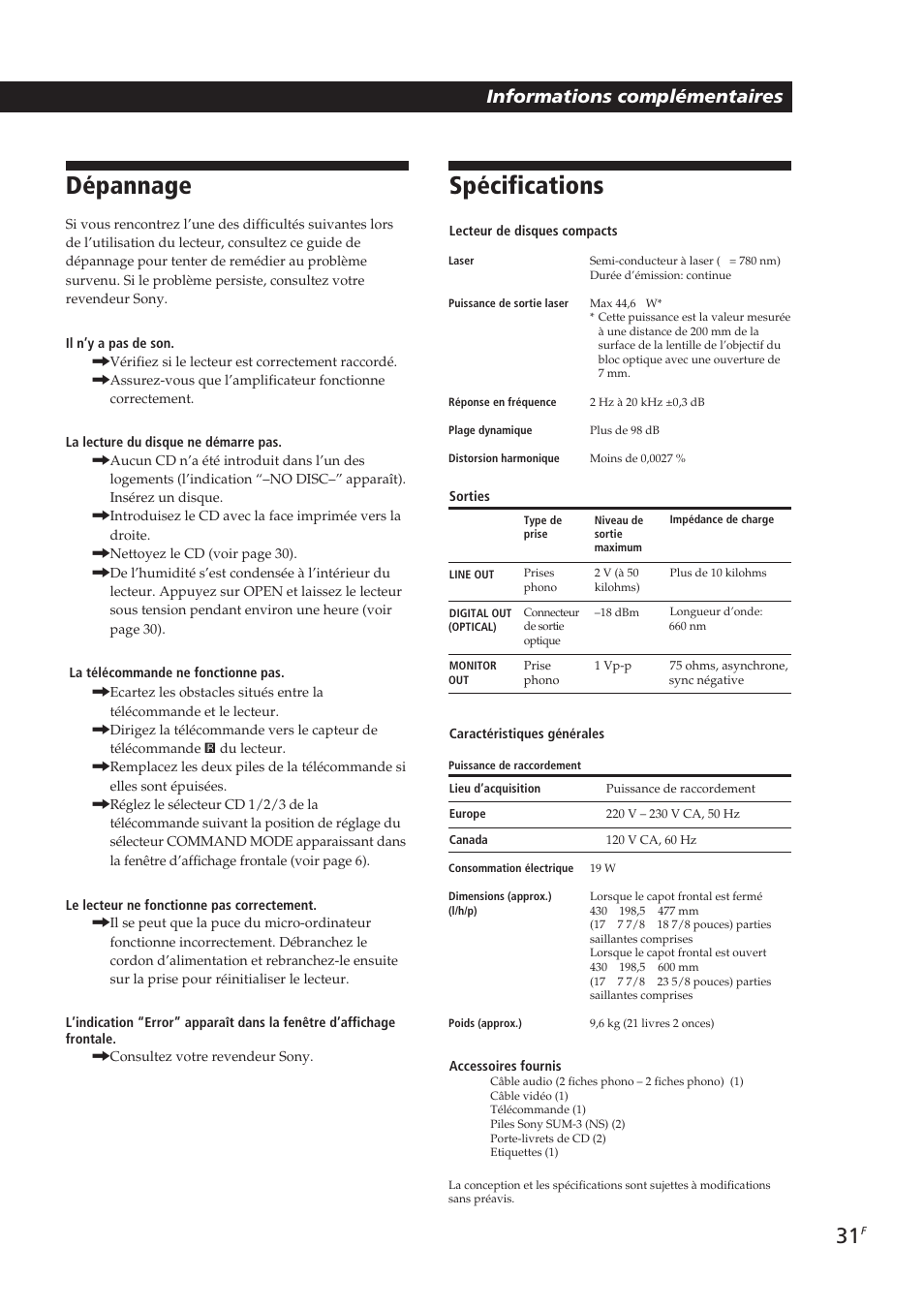 Dépannage, Spécifications | Sony CDP-CX270 User Manual | Page 62 / 125