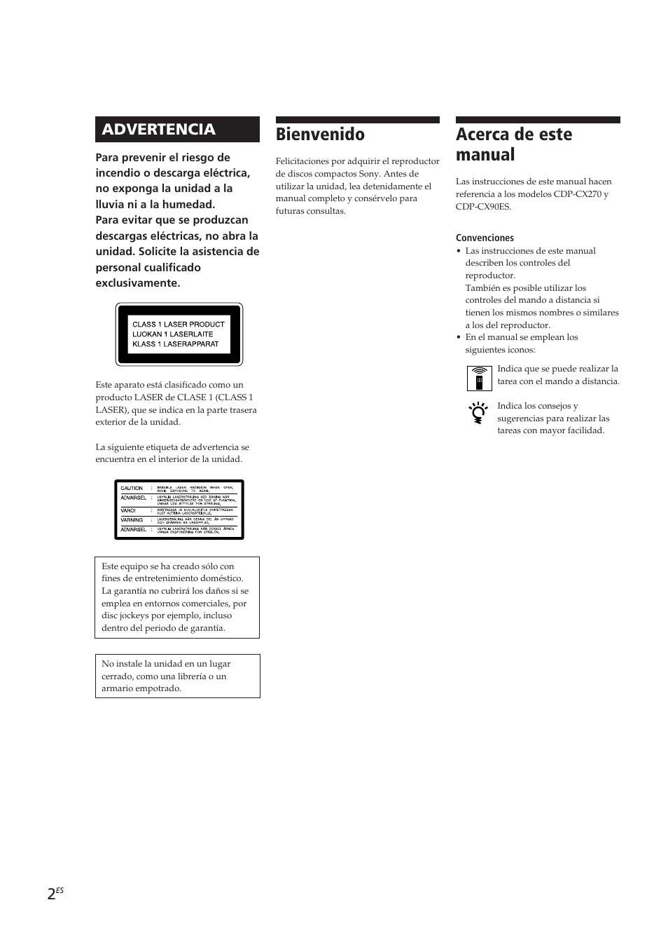 Acerca de este manual, Bienvenido, Advertencia | Sony CDP-CX270 User Manual | Page 64 / 125