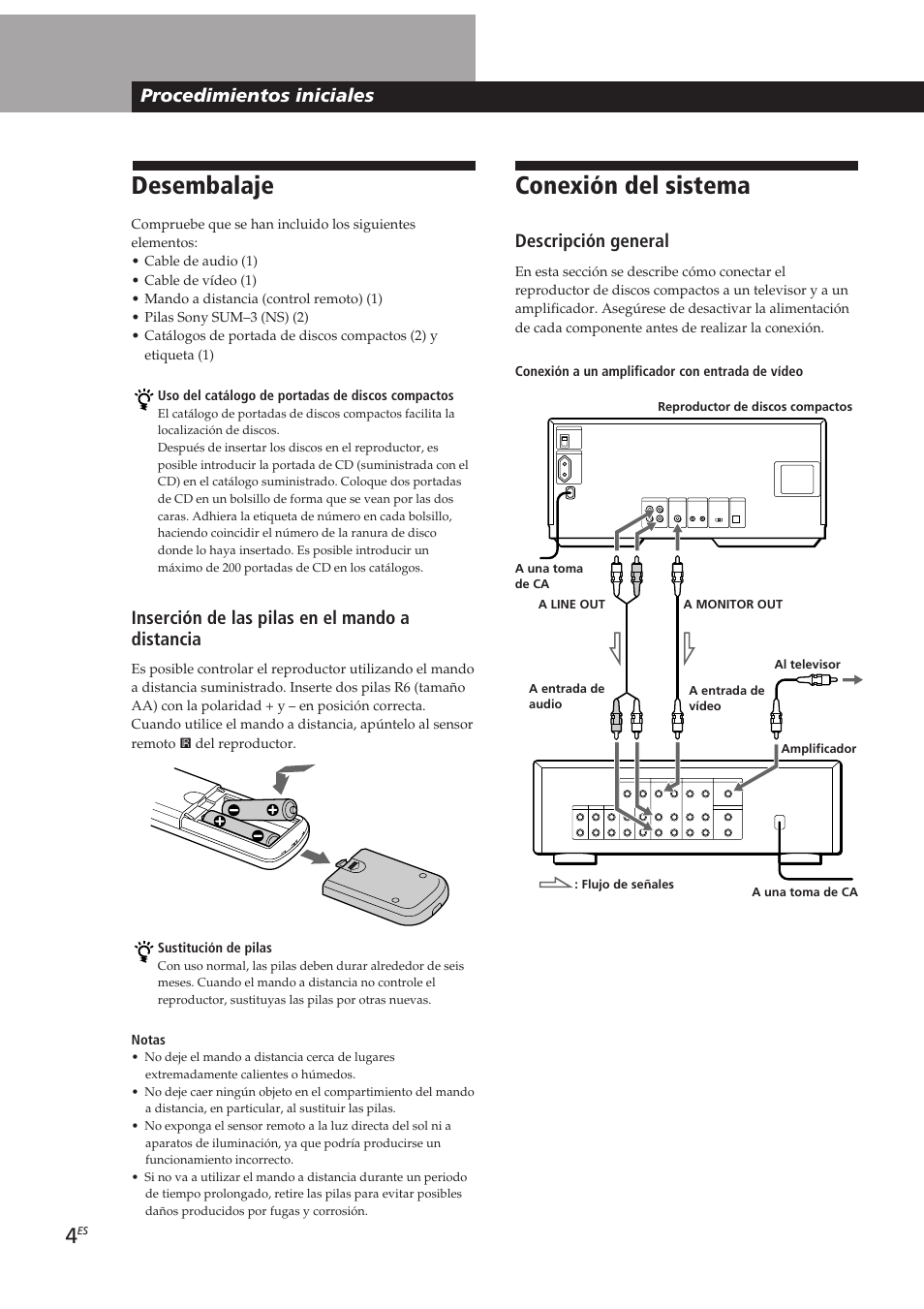 Desembalaje, Conexión del sistema, Procedimientos iniciales | Inserción de las pilas en el mando a distancia, Descripción general | Sony CDP-CX270 User Manual | Page 66 / 125