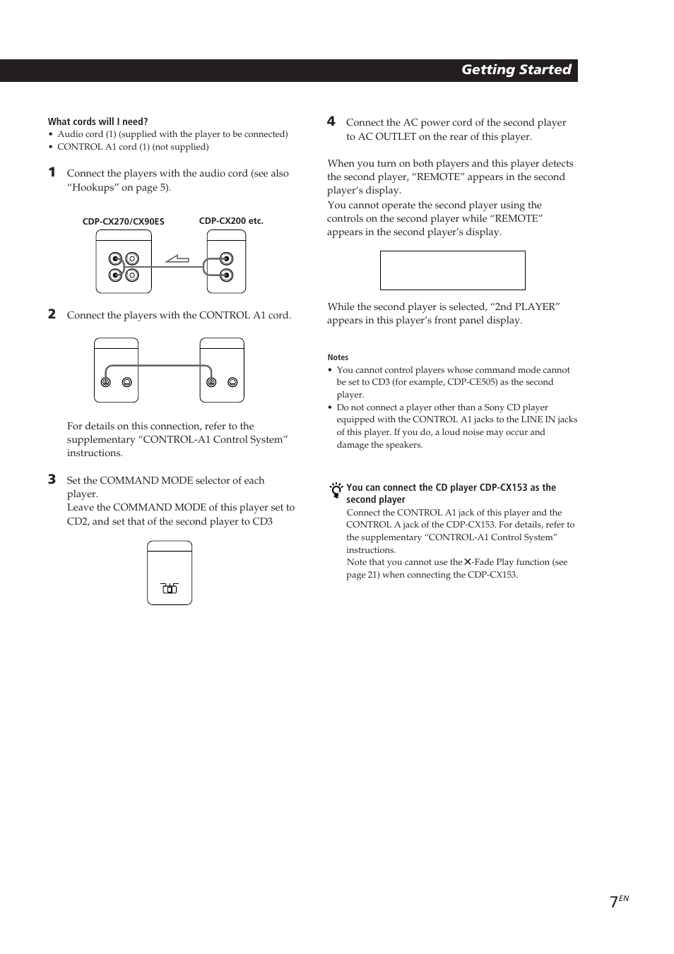 Playing cds getting started getting started | Sony CDP-CX270 User Manual | Page 7 / 125