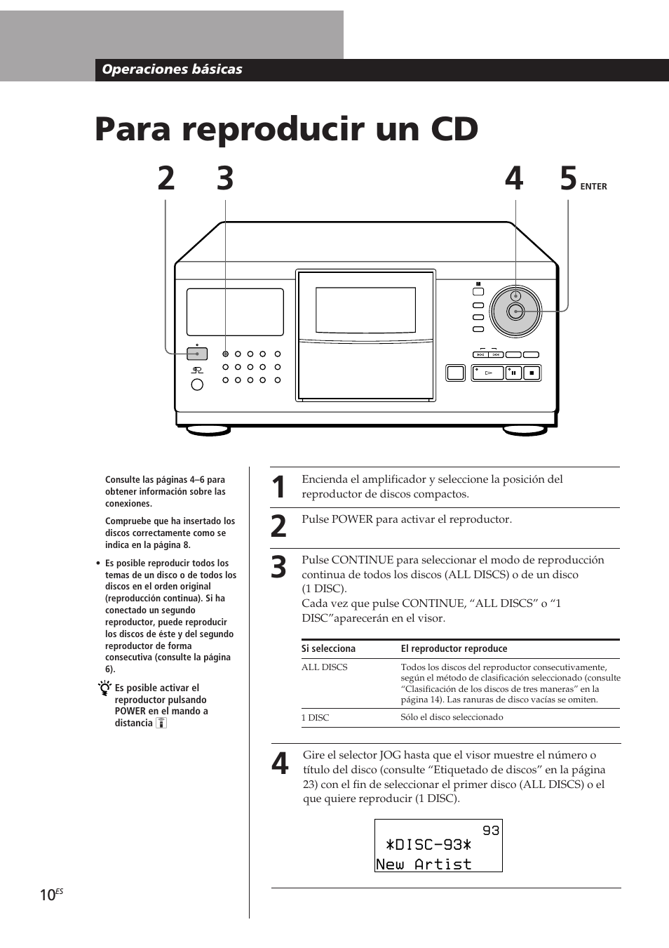 Para reproducir un cd 2 3, Disc-93, New artist | Operaciones básicas | Sony CDP-CX270 User Manual | Page 72 / 125
