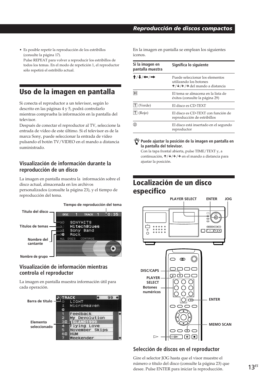 Uso de la imagen en pantalla, Localización de un disco específico, Selección de discos en el reproductor | Sony CDP-CX270 User Manual | Page 75 / 125