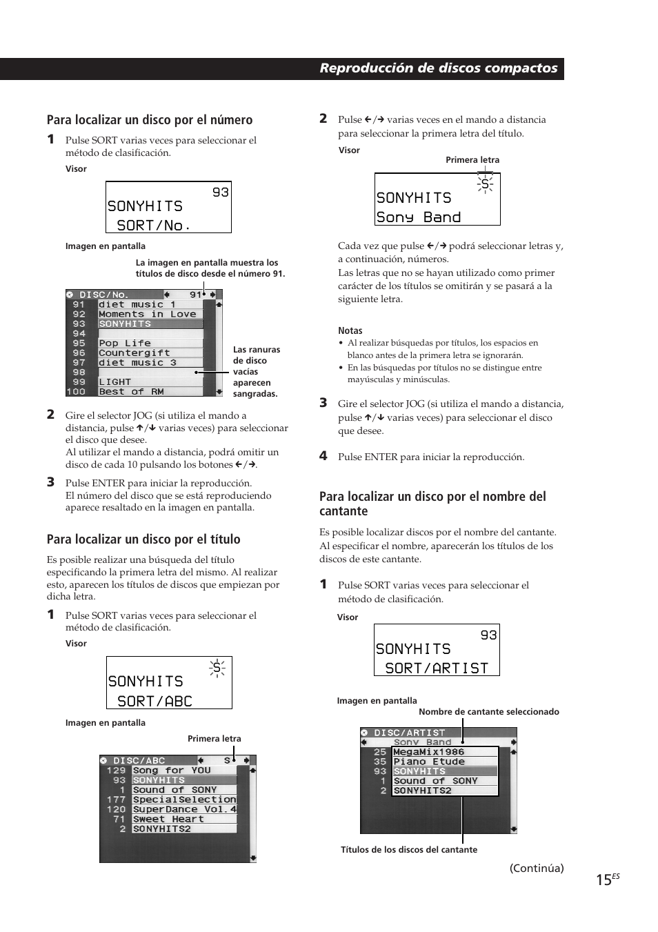 Sonyhits, Sony band, Sort/artist | Sort/abc, Sort/no, Para localizar un disco por el número 1, Para localizar un disco por el nombre del cantante, Para localizar un disco por el título | Sony CDP-CX270 User Manual | Page 77 / 125