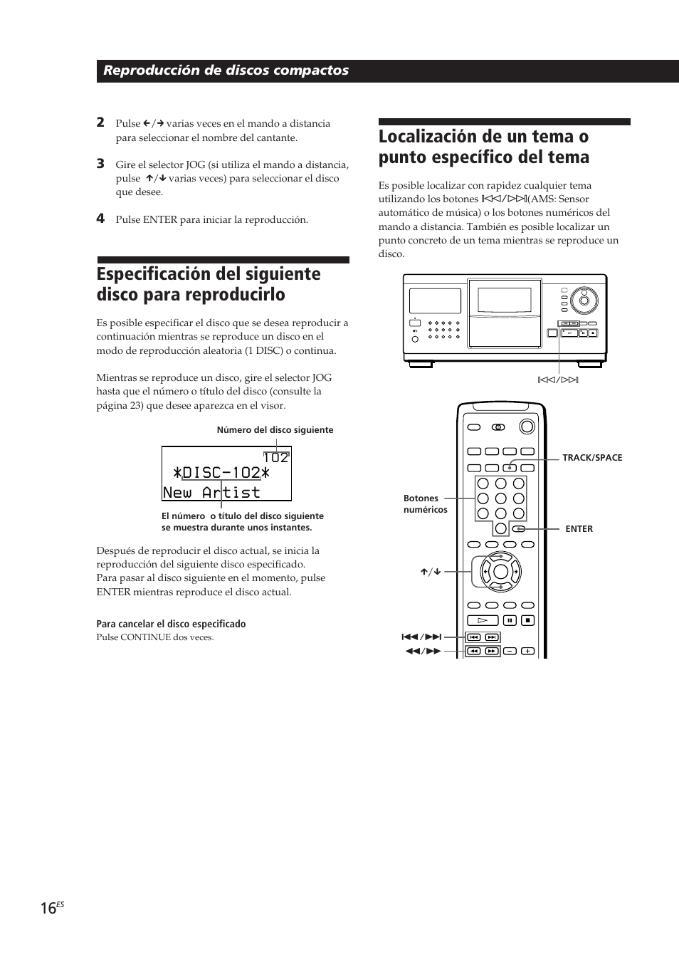 Disc-1o2, New artist, Reproducción de discos compactos 2 | 1 o 2 | Sony CDP-CX270 User Manual | Page 78 / 125