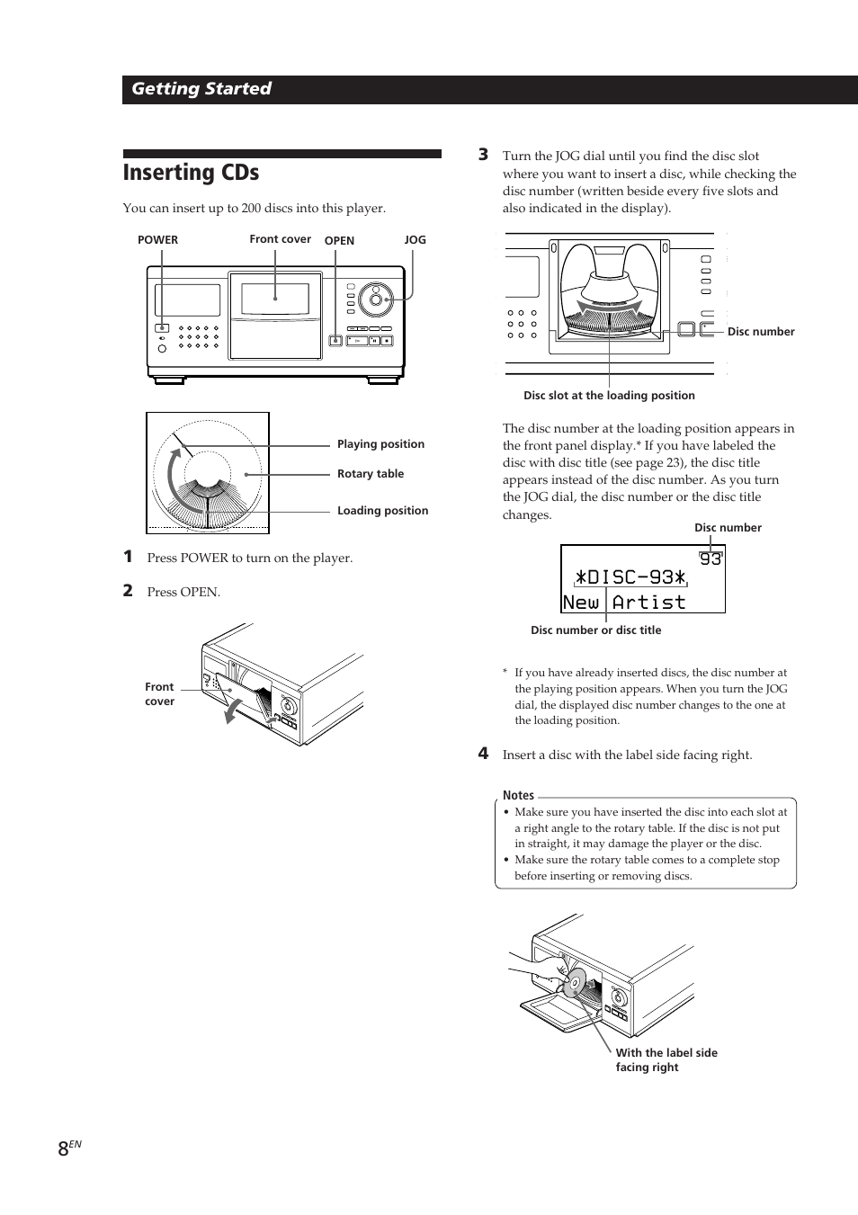 Inserting cds, Disc-93, New artist | Getting started | Sony CDP-CX270 User Manual | Page 8 / 125