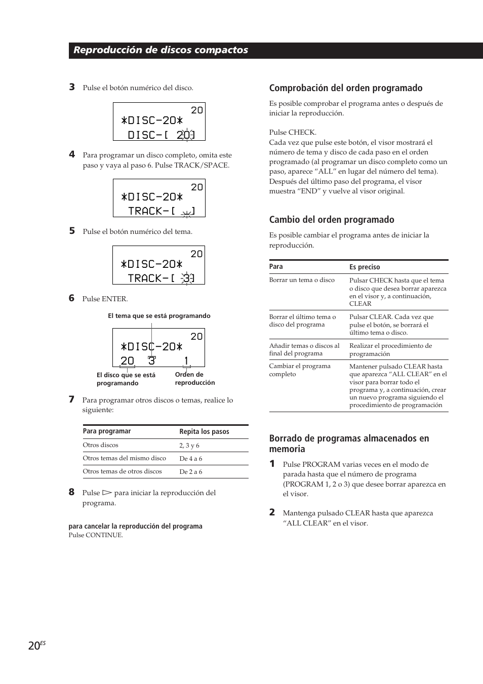 Disc-2o, Track, Disc-[ 2o | Track-[ 3, 2o 3 1, Reproducción de discos compactos 3, Comprobación del orden programado, Cambio del orden programado | Sony CDP-CX270 User Manual | Page 82 / 125