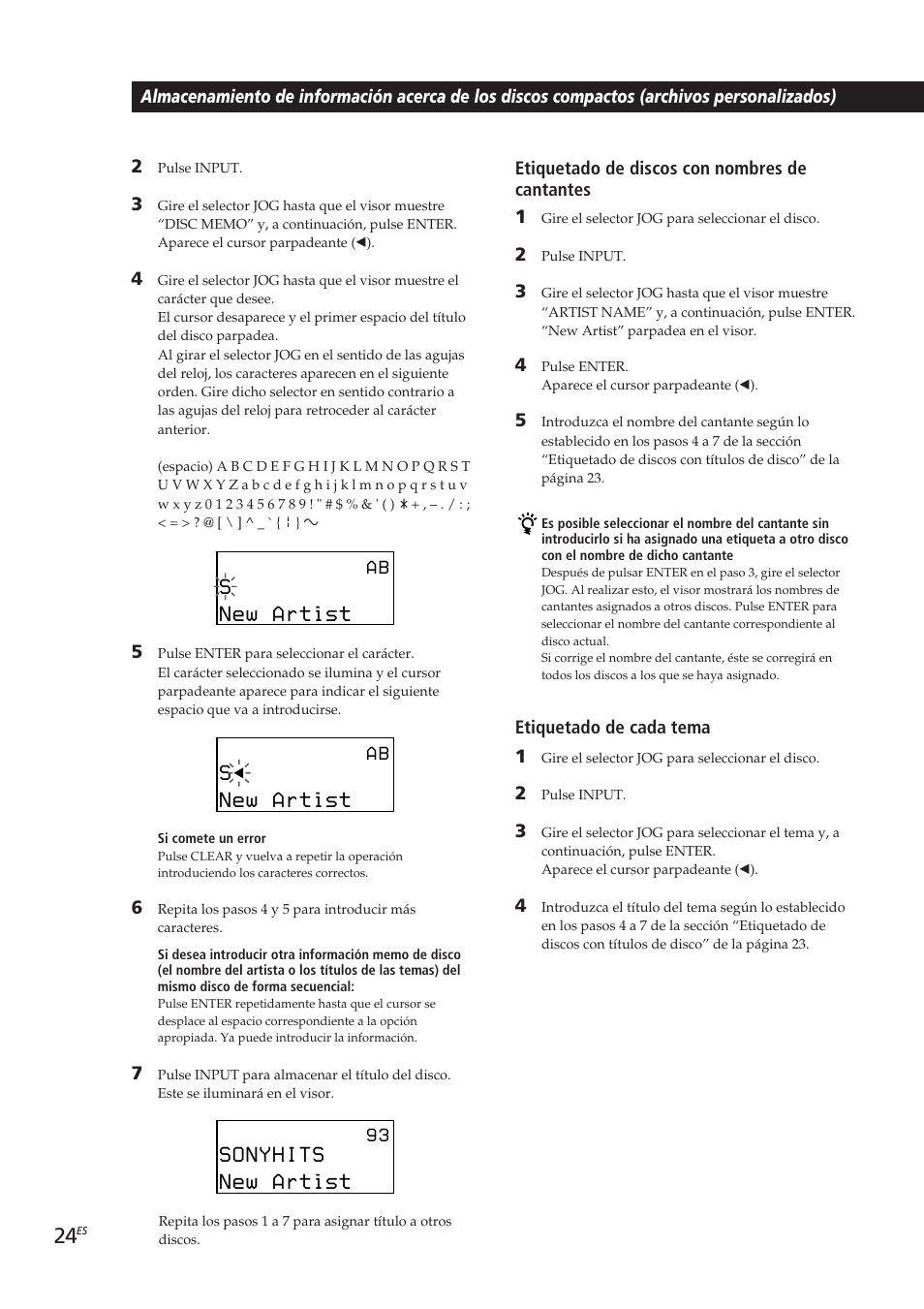 Etiquetado de discos con nombres de cantantes 1, Etiquetado de cada tema 1 | Sony CDP-CX270 User Manual | Page 86 / 125