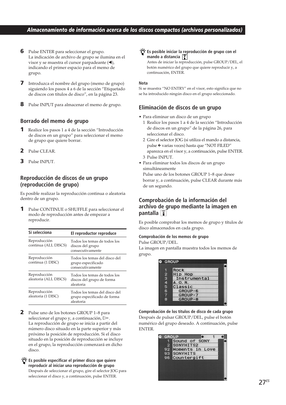 Locating a scene or track you want, Eliminación de discos de un grupo | Sony CDP-CX270 User Manual | Page 89 / 125