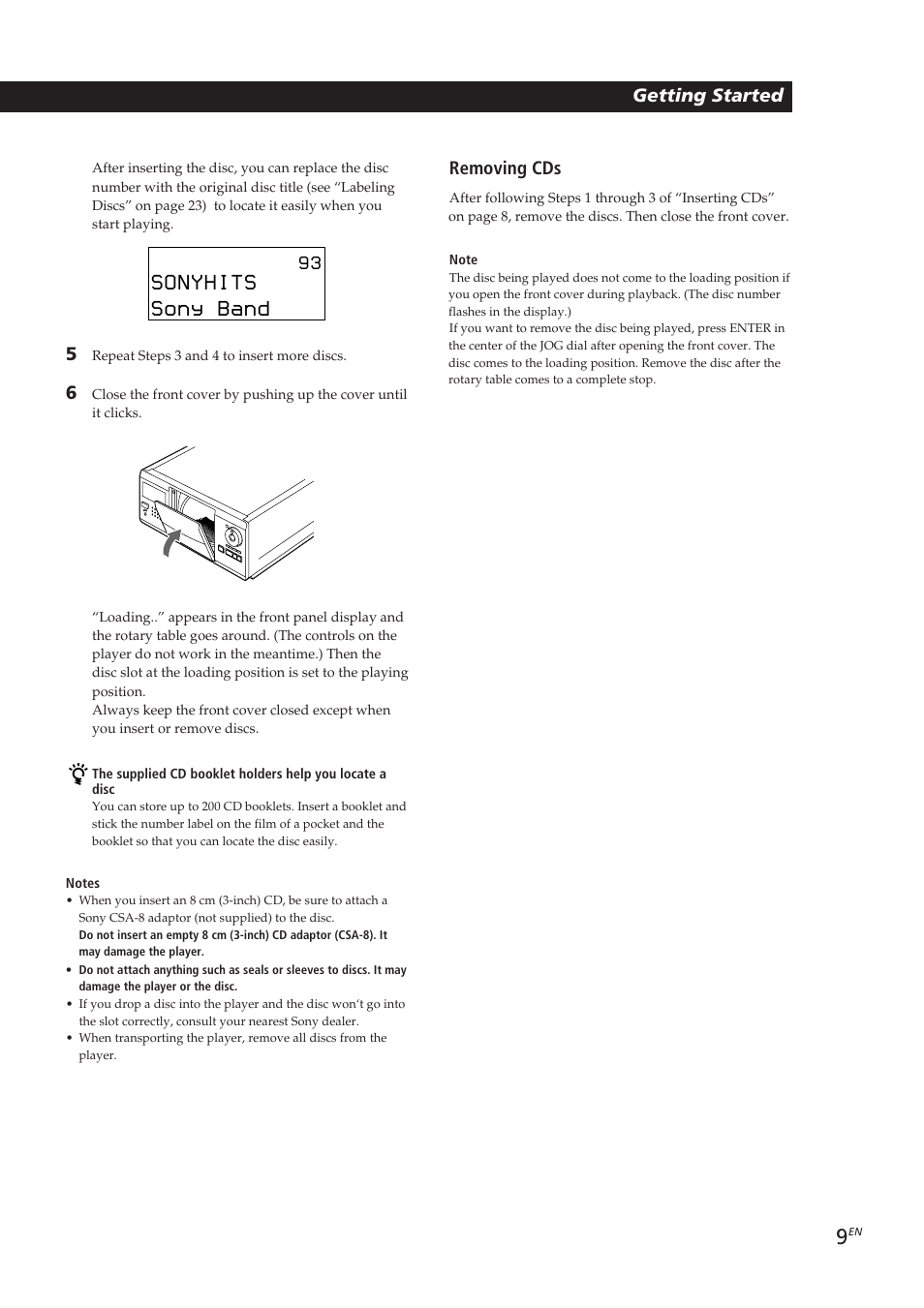 Sonyhits, Sony band, Playing cds getting started getting started | Removing cds | Sony CDP-CX270 User Manual | Page 9 / 125