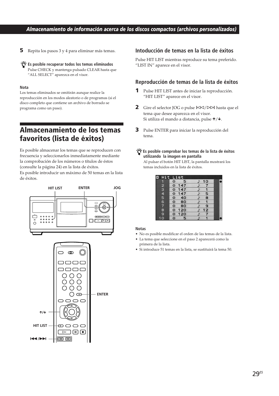 Locating a scene or track you want, Intoducción de temas en la lista de éxitos, Reproducción de temas de la lista de éxitos 1 | Sony CDP-CX270 User Manual | Page 91 / 125