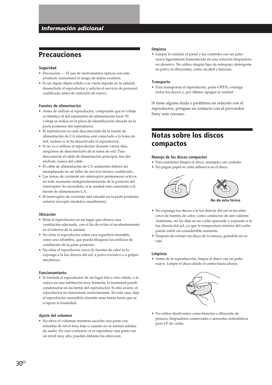 Notas sobre los discos compactos, Precauciones, Información adicional | Sony CDP-CX270 User Manual | Page 92 / 125