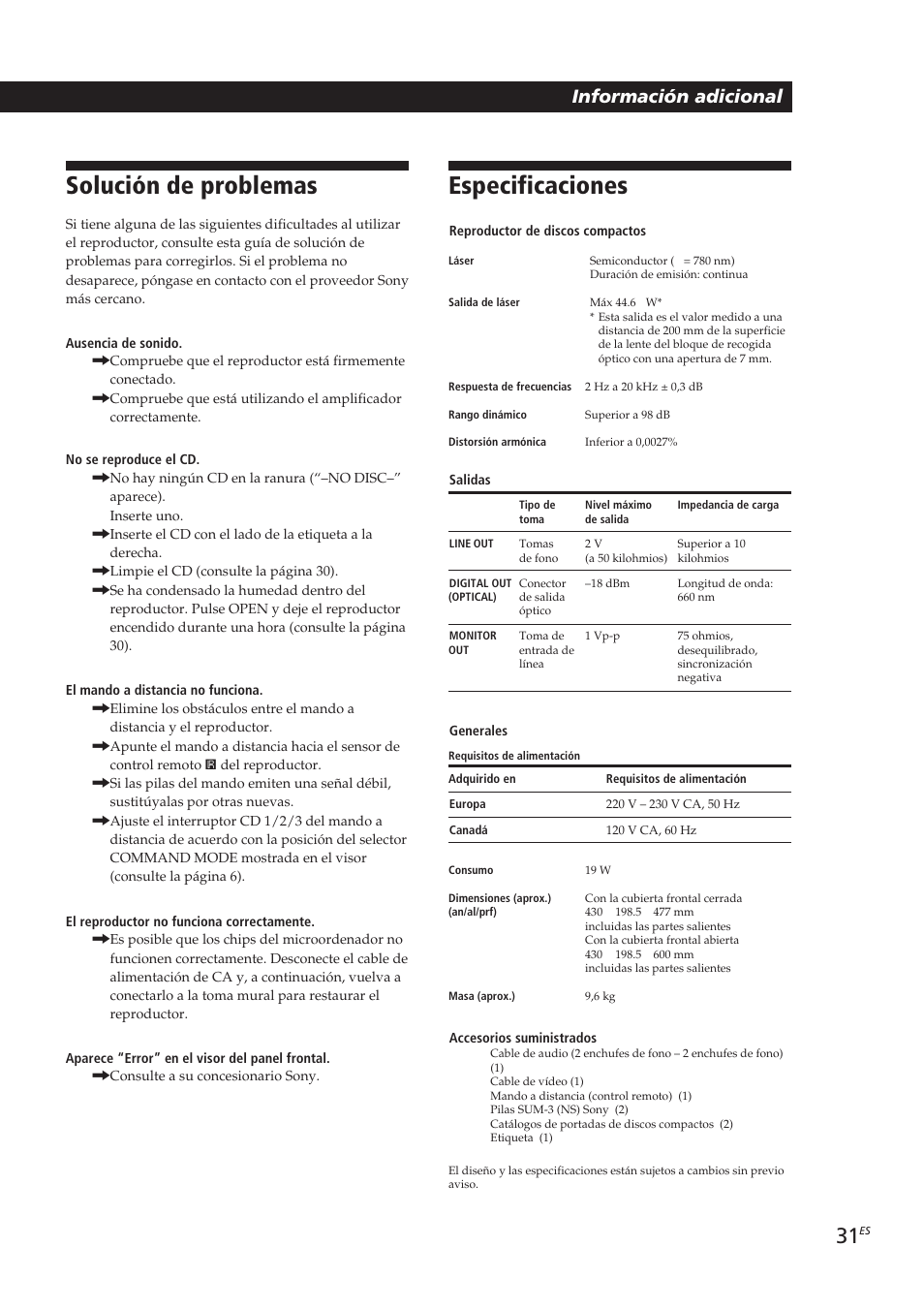 Especificaciones, Solución de problemas | Sony CDP-CX270 User Manual | Page 93 / 125