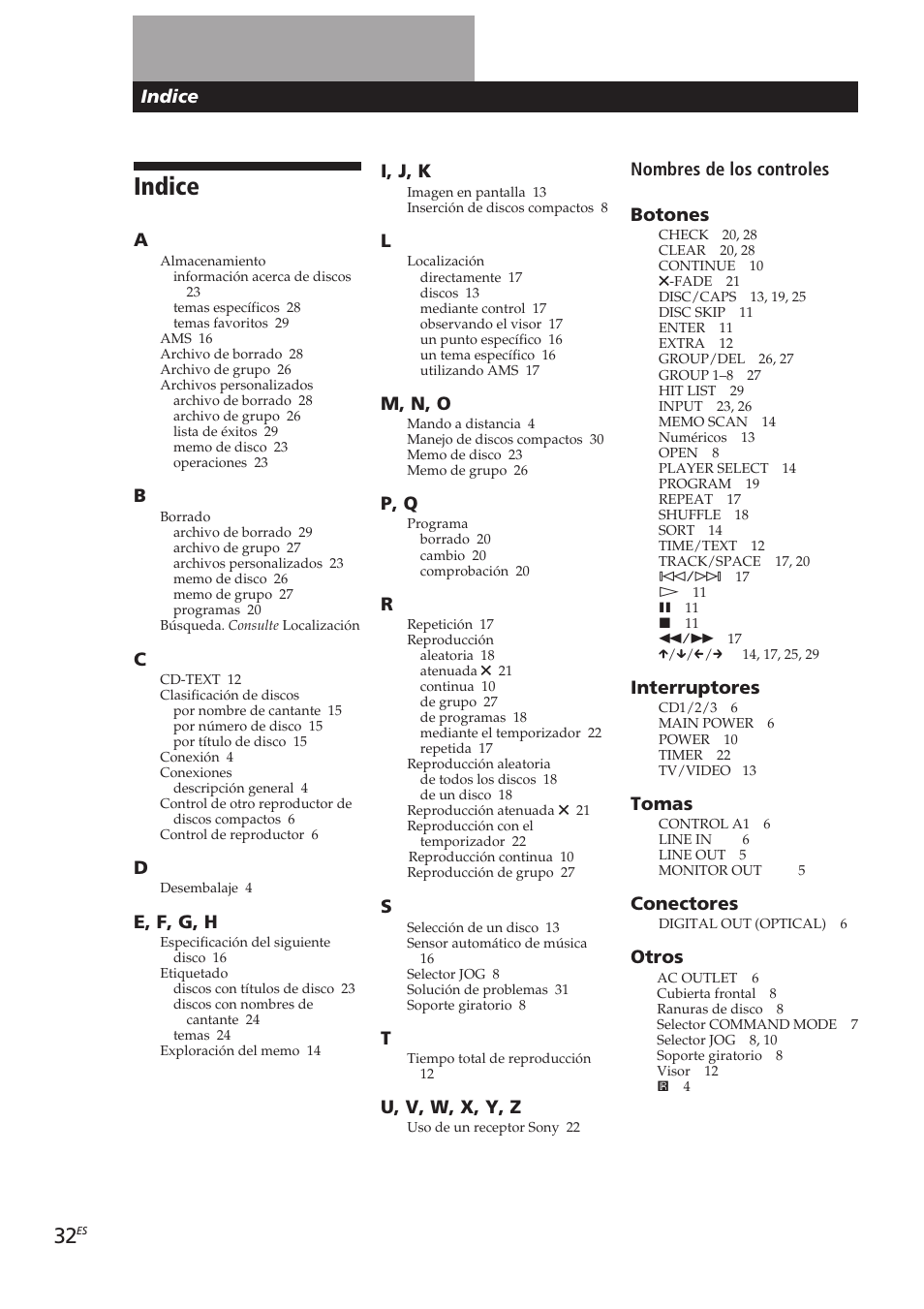 Indice, E, f, g, h, I, j, k | M, n, o, P, q, U, v, w, x, y, z, Nombres de los controles botones, Interruptores, Tomas, Conectores | Sony CDP-CX270 User Manual | Page 94 / 125