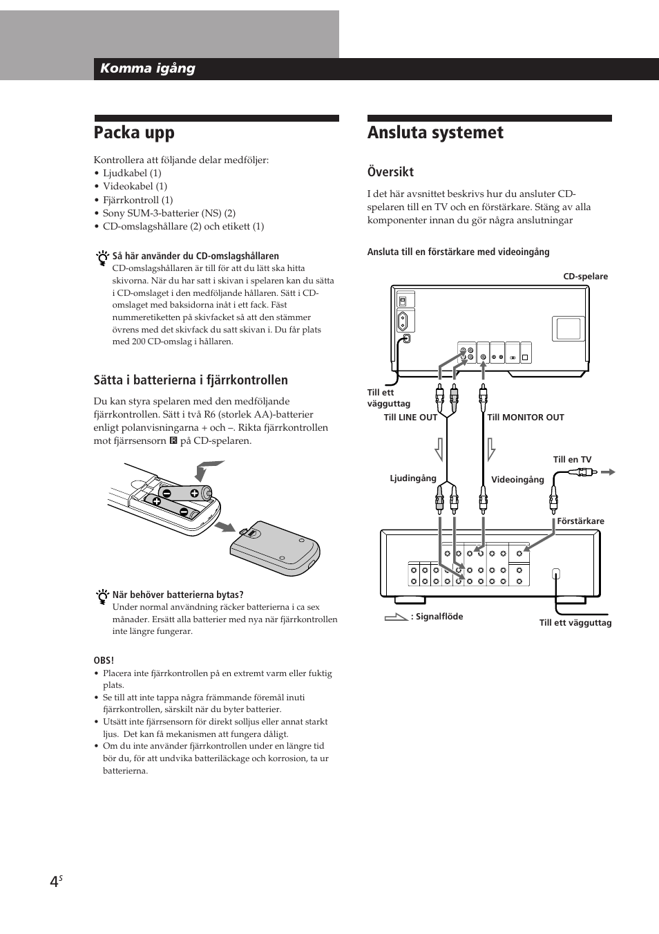 Packa upp, Ansluta systemet, Komma igång | Sätta i batterierna i fjärrkontrollen, Översikt | Sony CDP-CX270 User Manual | Page 97 / 125
