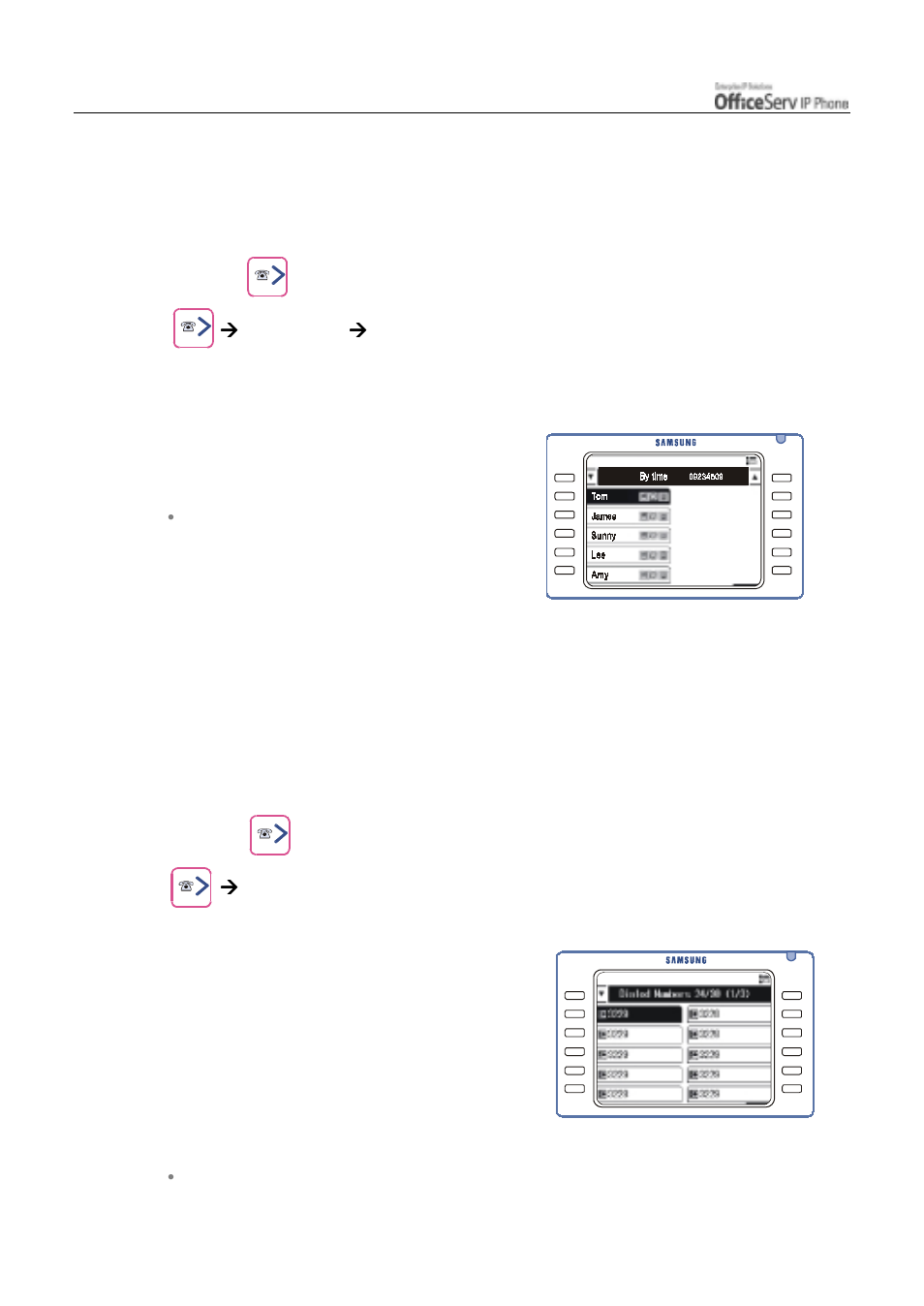 Search a telephone number by time, Recent caller numbers | Samsung ITP5012L User Manual | Page 122 / 164