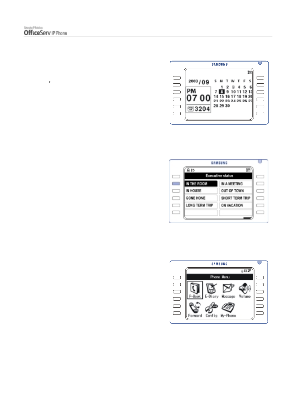 Background screen, Executive status display, Application menu screen | Samsung ITP5012L User Manual | Page 29 / 164