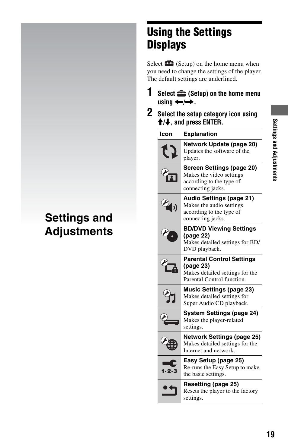 Settings and adjustments, Using the settings displays | Sony BDP-S470 User Manual | Page 19 / 35