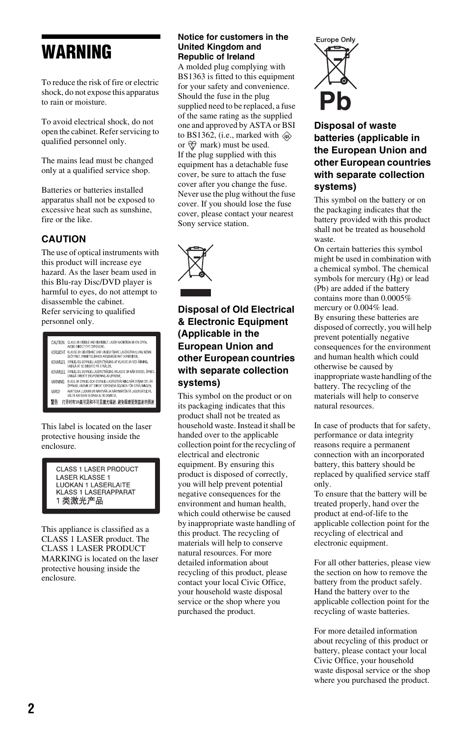 Warning | Sony BDP-S470 User Manual | Page 2 / 35