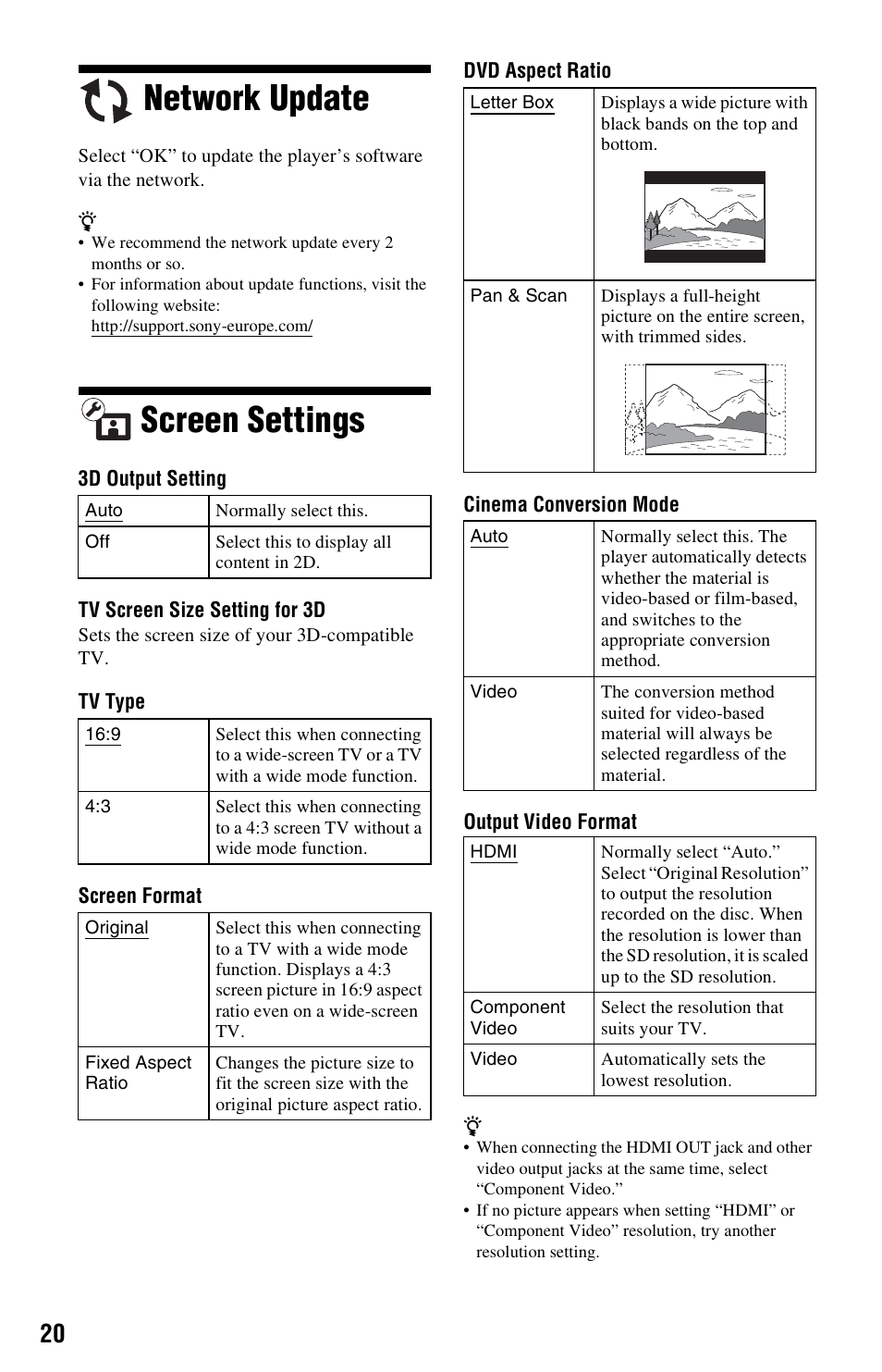 Network update, Screen settings, Network update screen settings | Sony BDP-S470 User Manual | Page 20 / 35