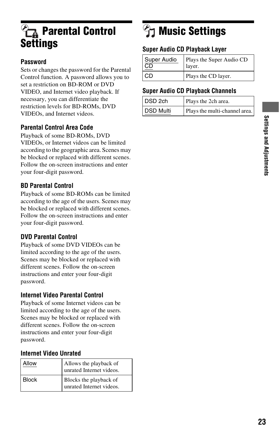 Parental control settings, Music settings, Parental control settings music settings | Sony BDP-S470 User Manual | Page 23 / 35