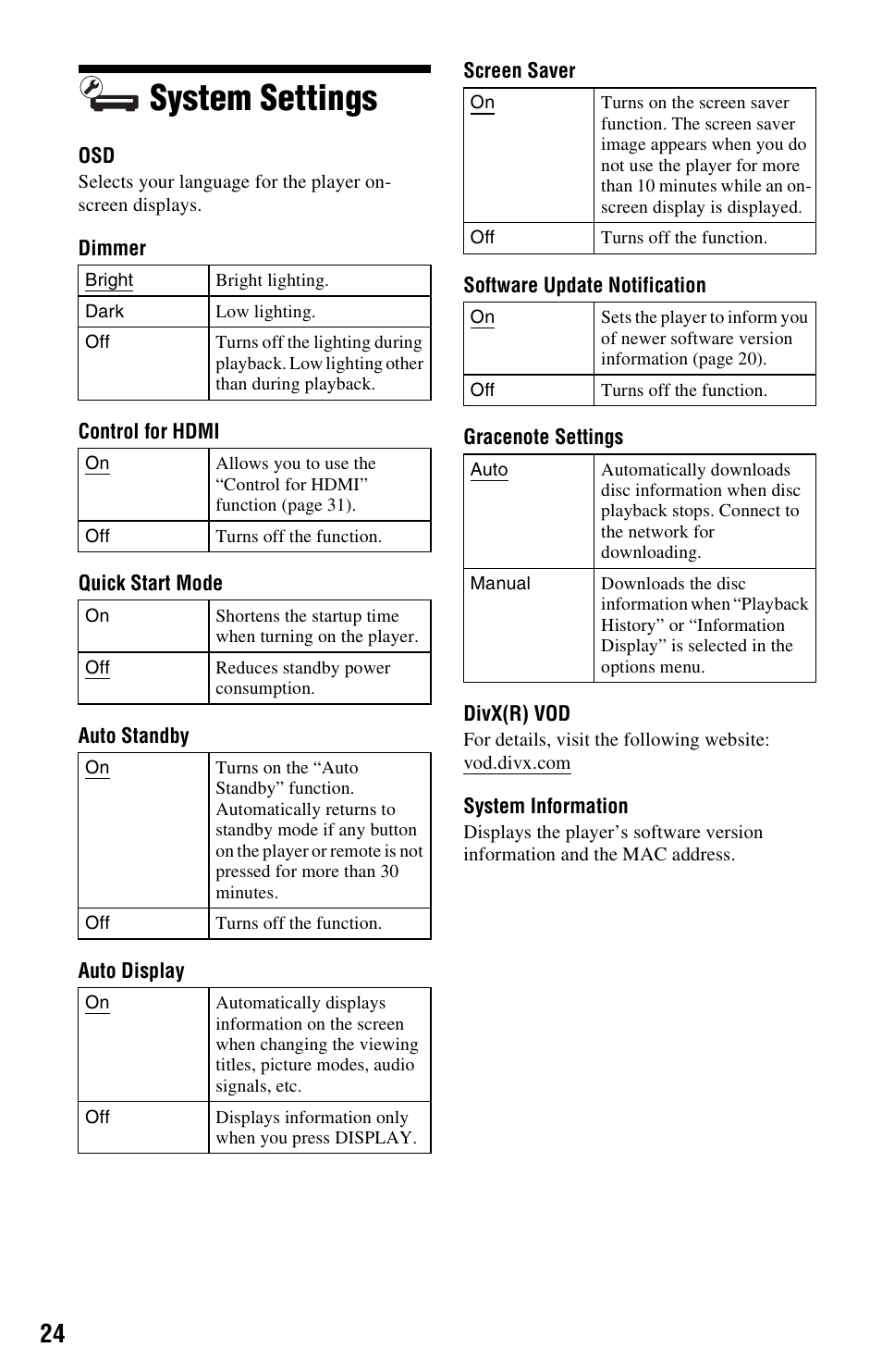 System settings | Sony BDP-S470 User Manual | Page 24 / 35
